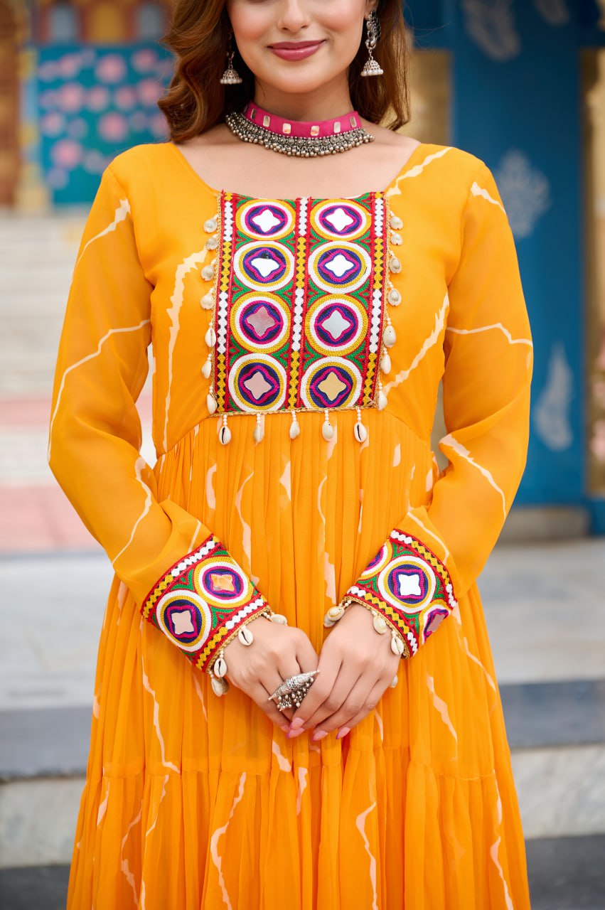 Musterd Laheriya Print With Kutchi Patchework Navratri Special Gown