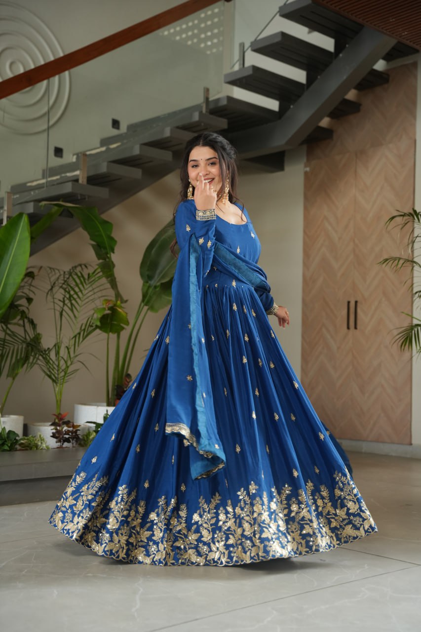 Blue Embroidery Zari Sequins Round Neck Work Gown