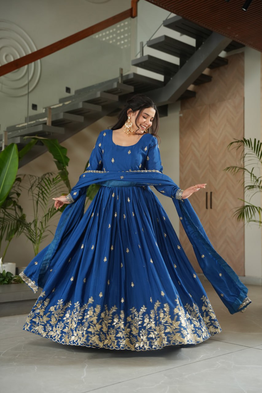 Blue Embroidery Zari Sequins Round Neck Work Gown