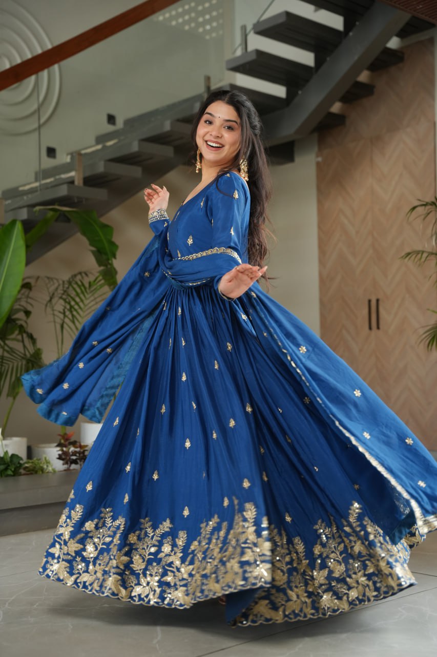 Blue Embroidery Zari Sequins Round Neck Work Gown