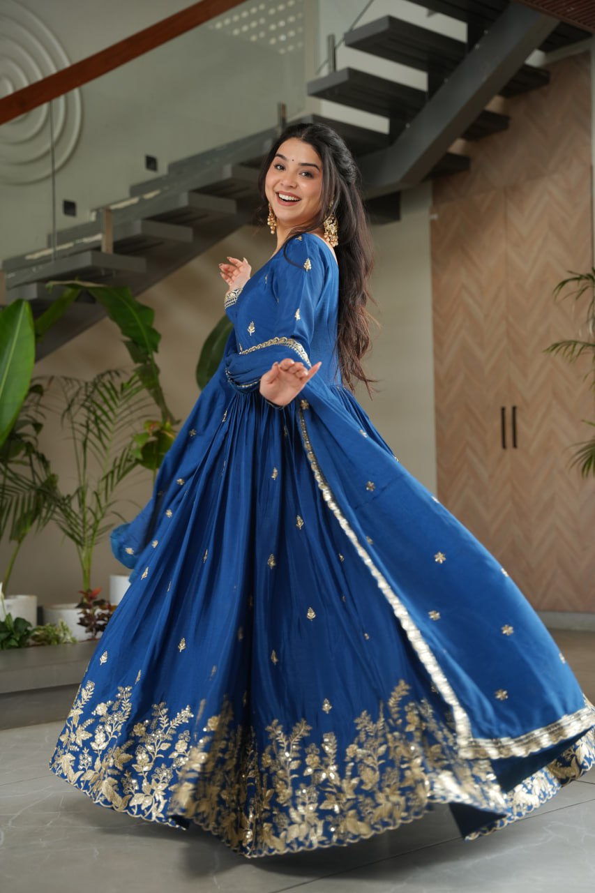 Blue Embroidery Zari Sequins Round Neck Work Gown