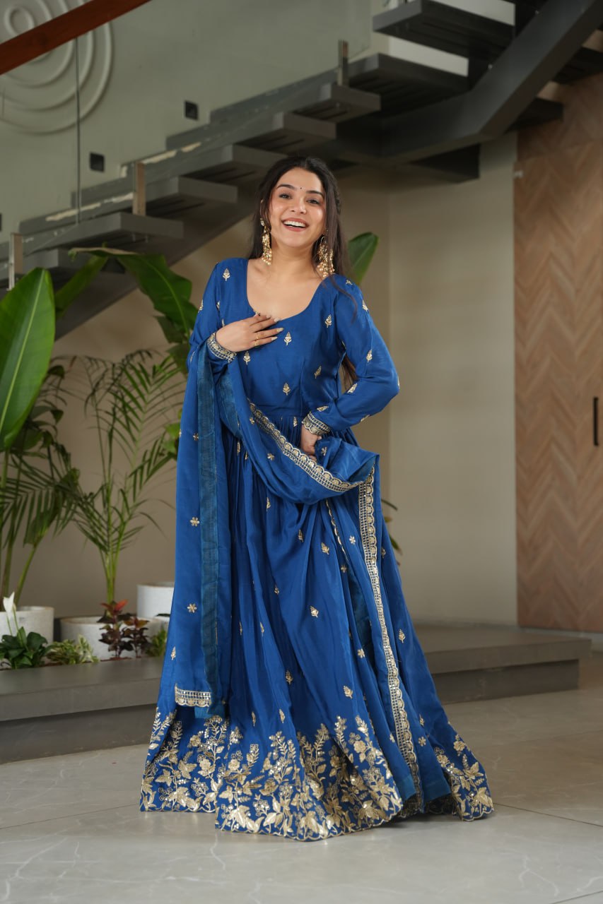 Blue Embroidery Zari Sequins Round Neck Work Gown