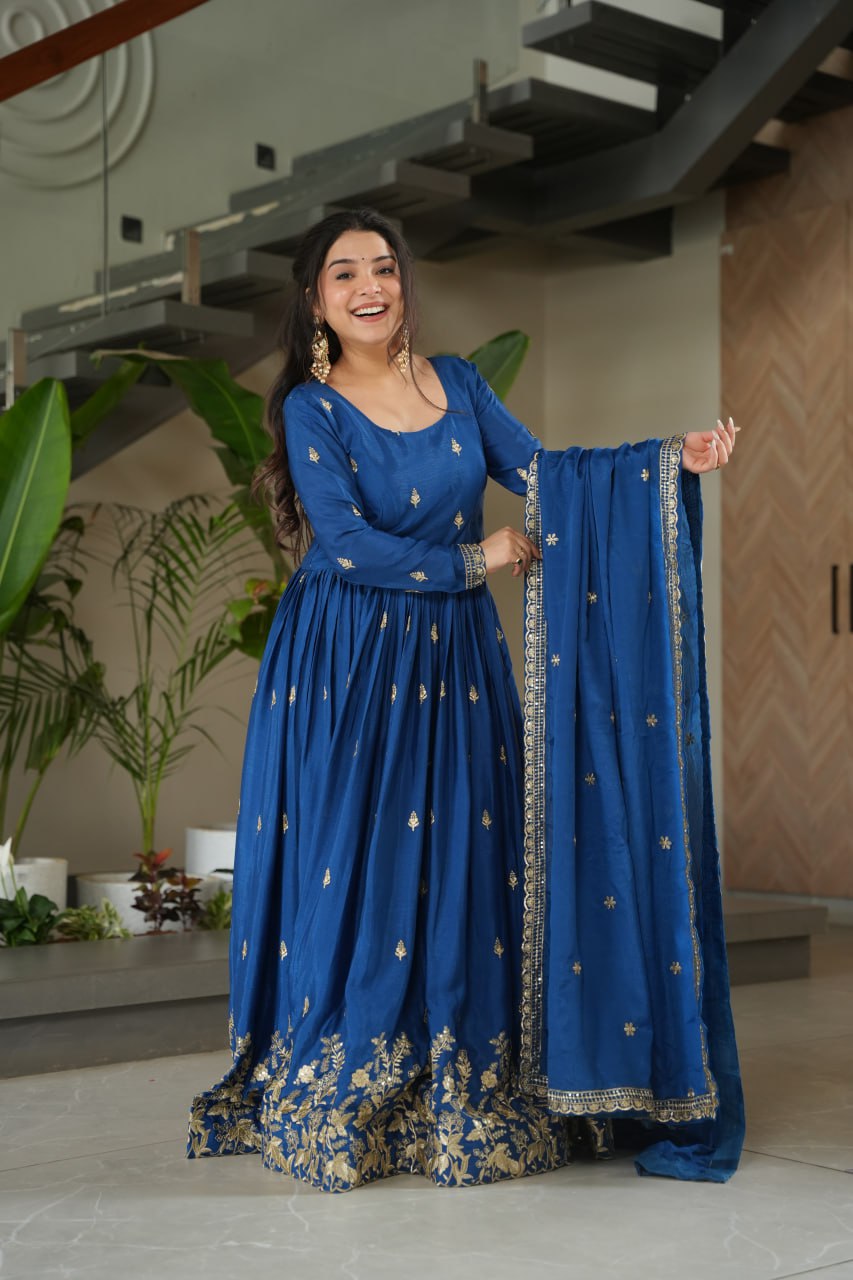 Blue Embroidery Zari Sequins Round Neck Work Gown
