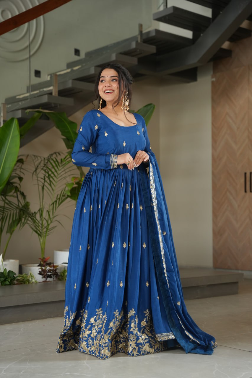 Blue Embroidery Zari Sequins Round Neck Work Gown