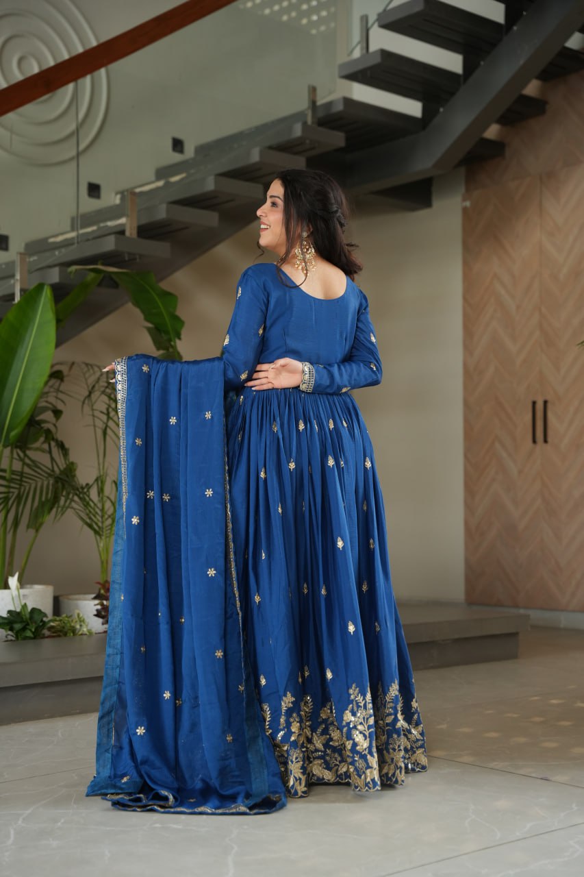 Blue Embroidery Zari Sequins Round Neck Work Gown