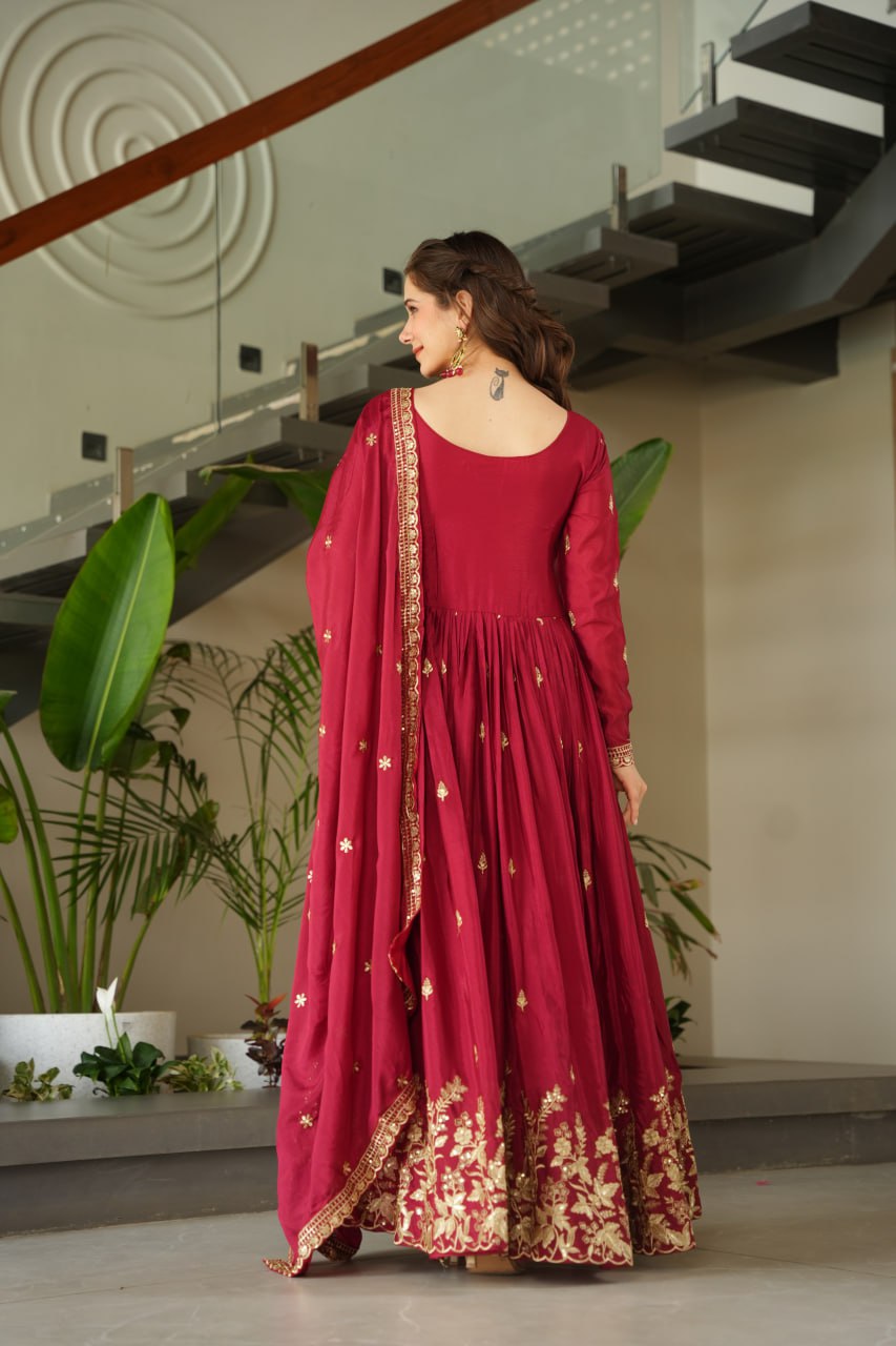 Maroon Embroidery Zari Sequins Round Neck Work Gown