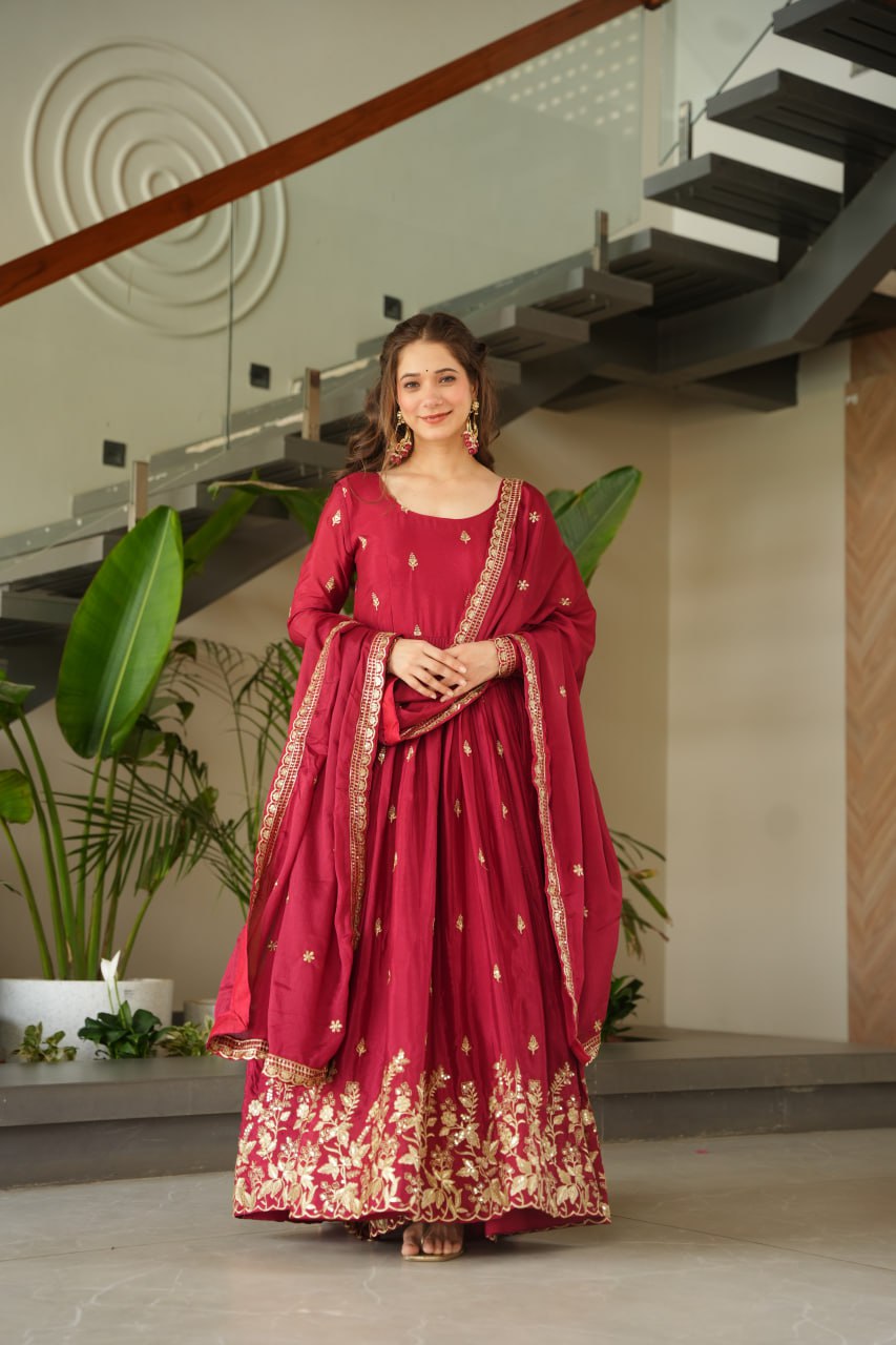 Maroon Embroidery Zari Sequins Round Neck Work Gown