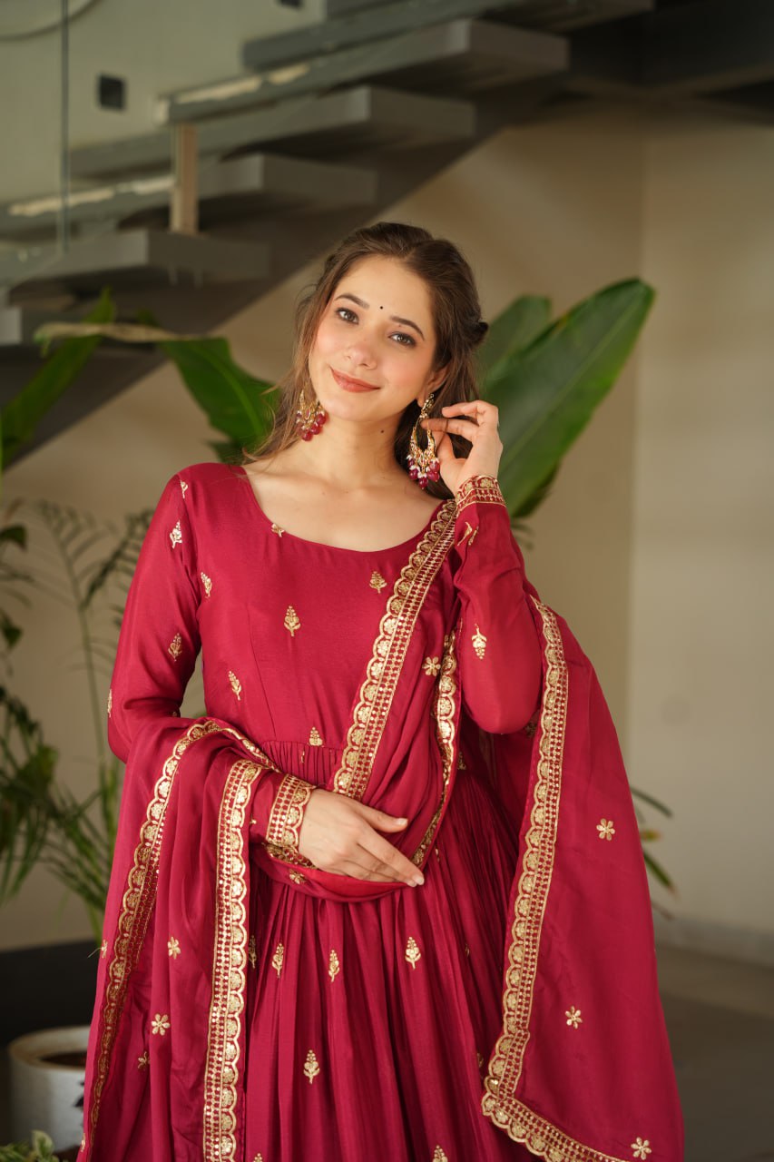 Maroon Embroidery Zari Sequins Round Neck Work Gown