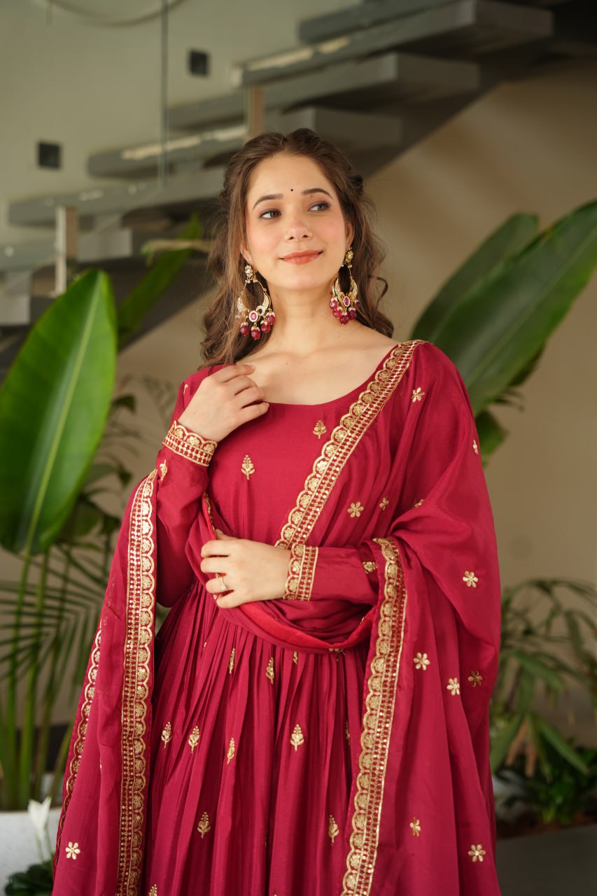Maroon Embroidery Zari Sequins Round Neck Work Gown