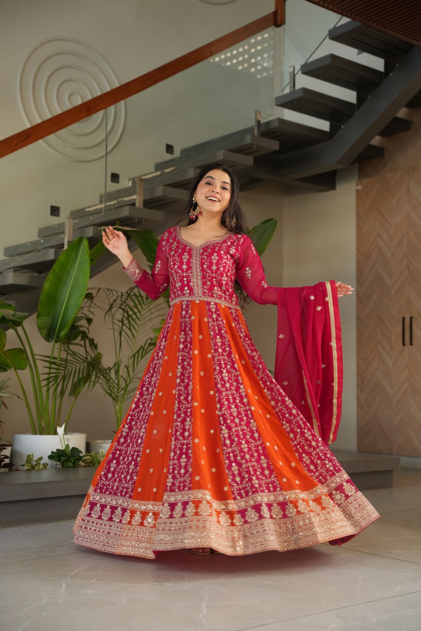 Pink Faux Blooming With Sequins Embroidered Work Luxury Gown