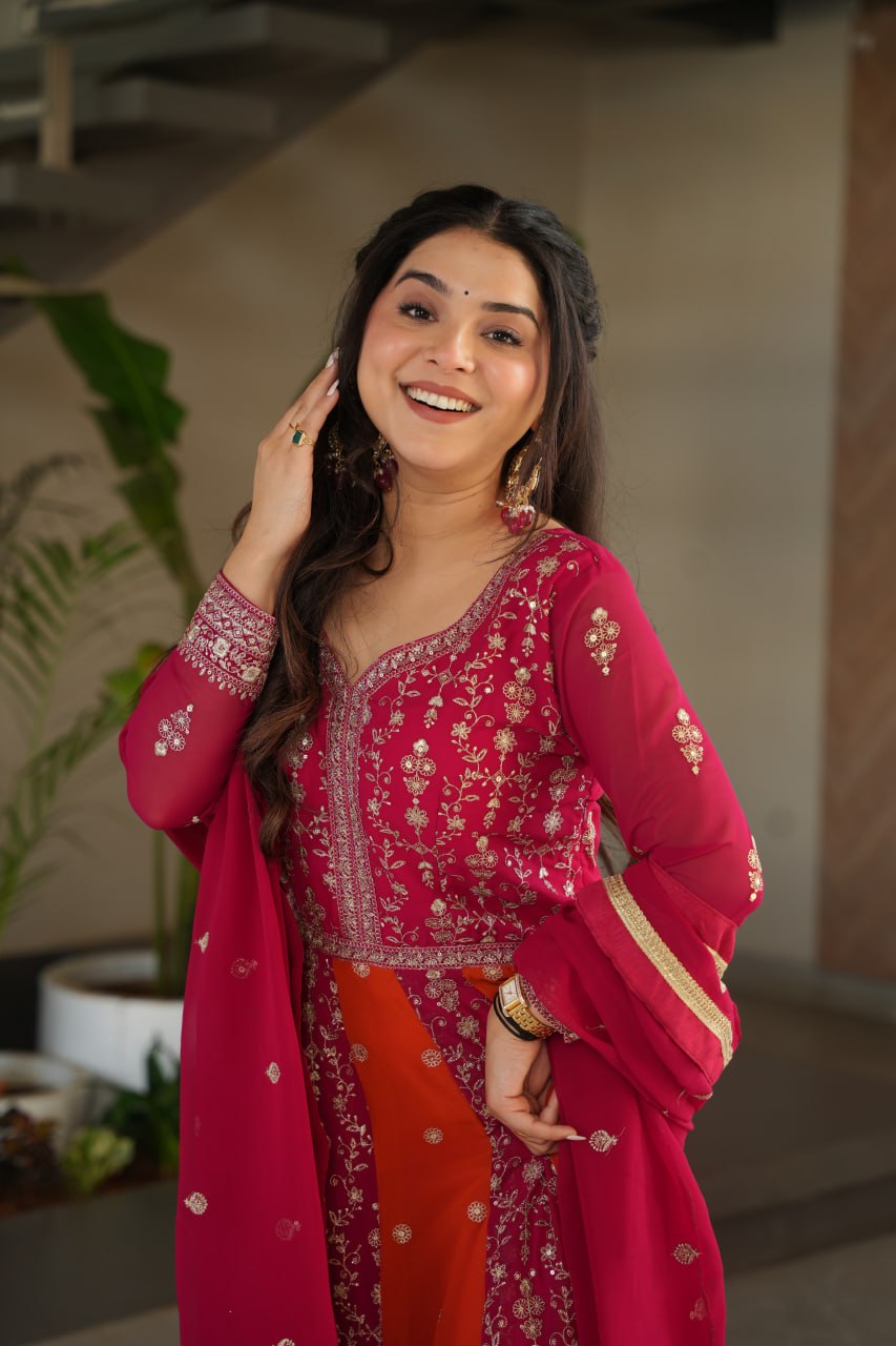 Pink Faux Blooming With Sequins Embroidered Work Luxury Gown