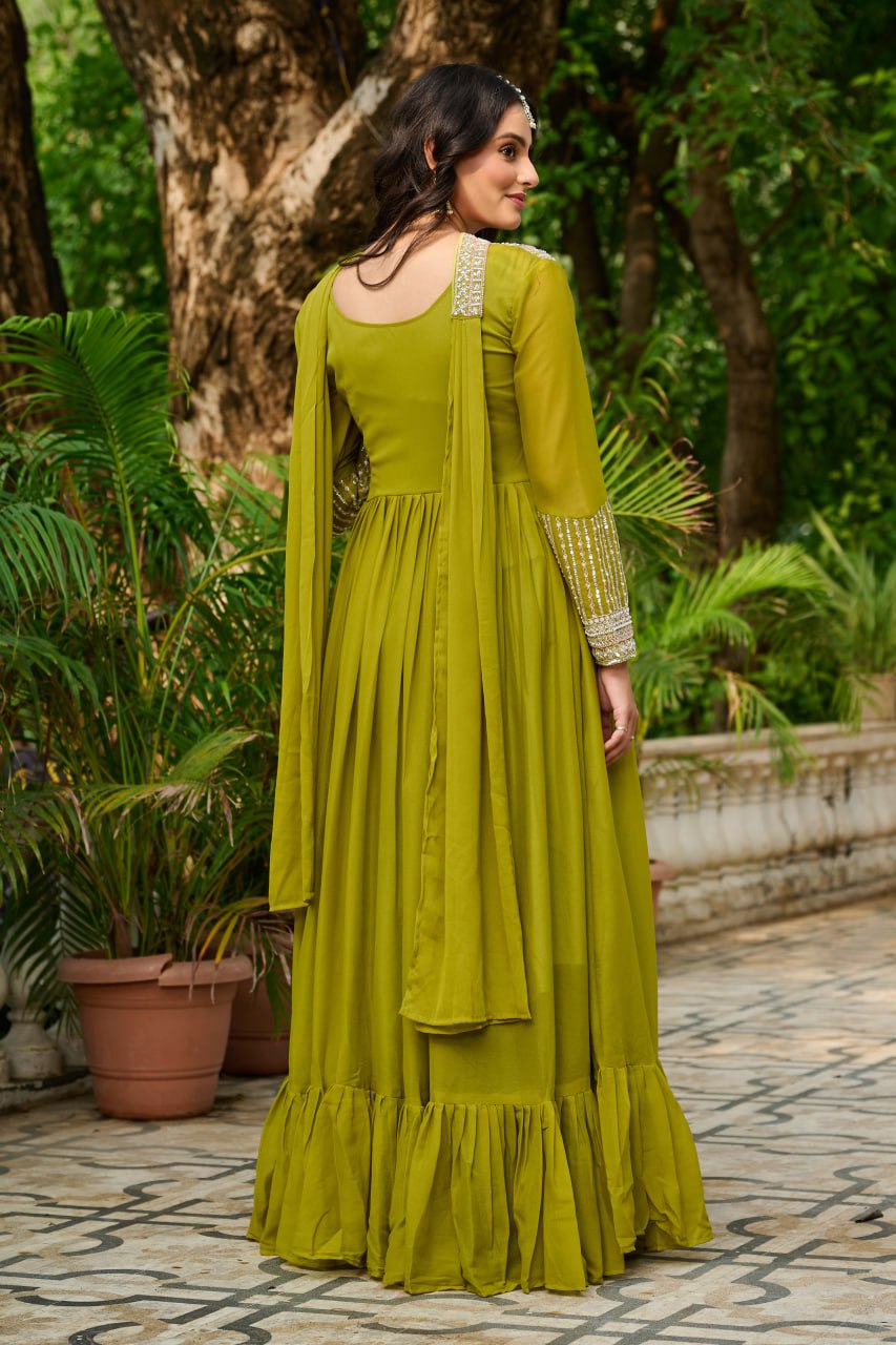 Parrot Embroidery Zari Sequins Round Neck Work Gown