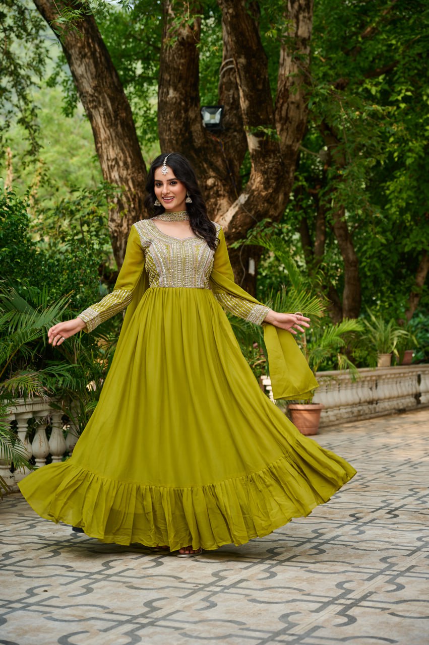 Parrot Embroidery Zari Sequins Round Neck Work Gown