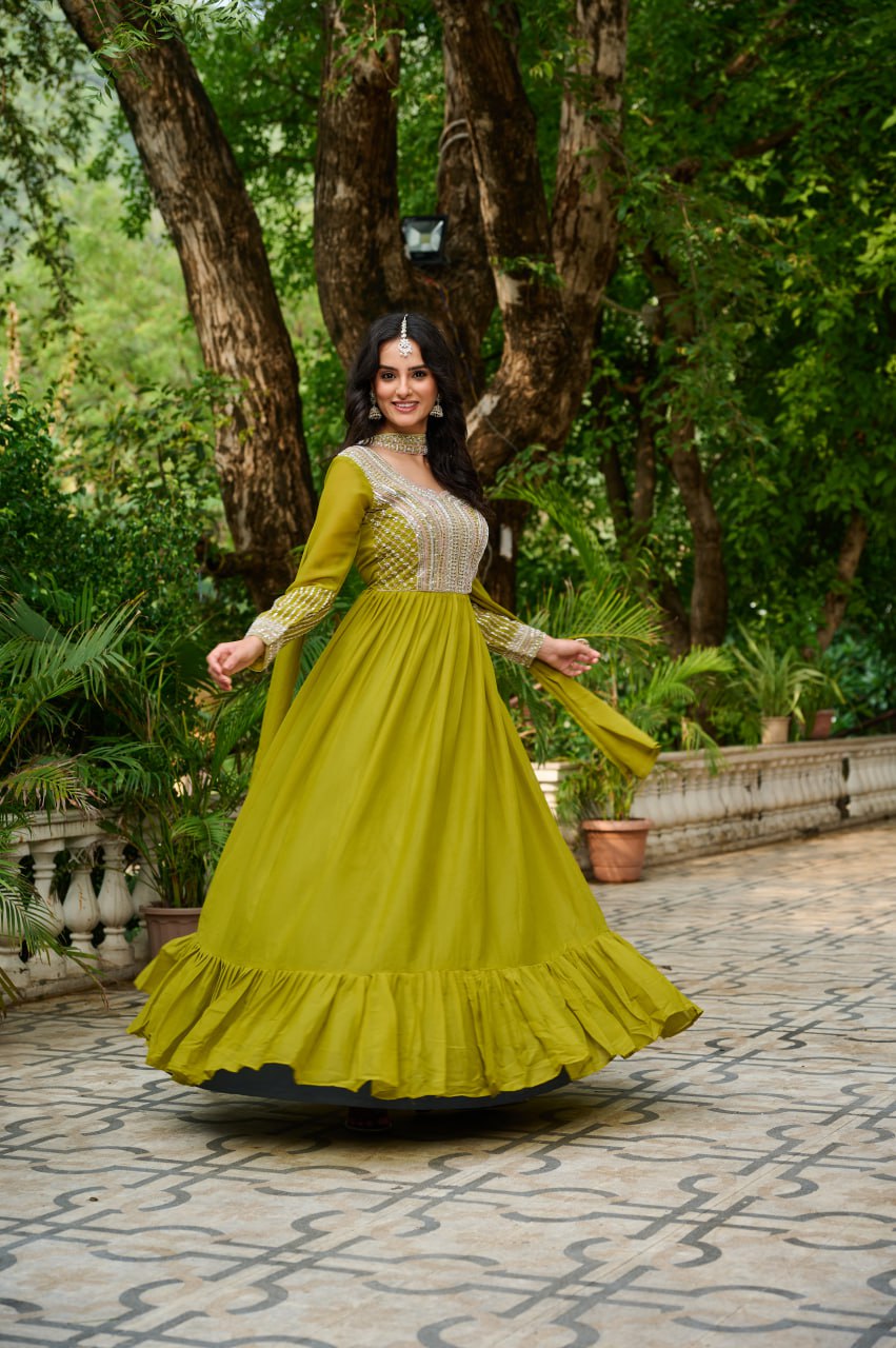 Parrot Embroidery Zari Sequins Round Neck Work Gown