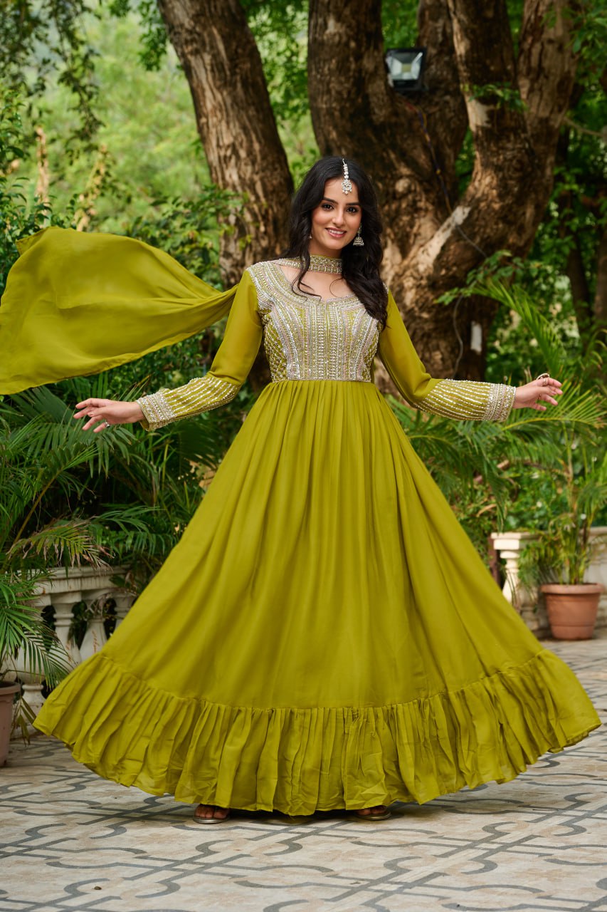 Parrot Embroidery Zari Sequins Round Neck Work Gown