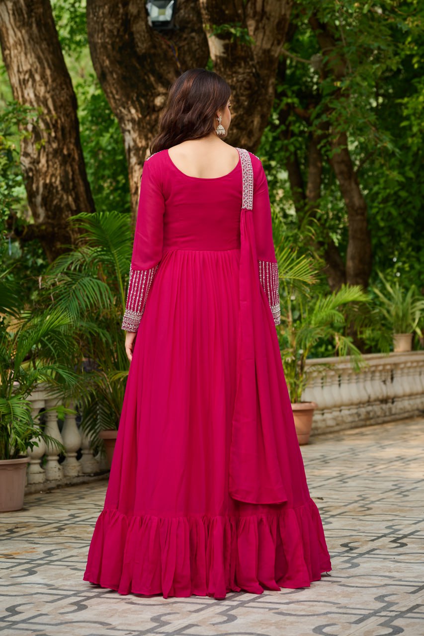 Pink Embroidery Zari Sequins Round Neck Work Gown