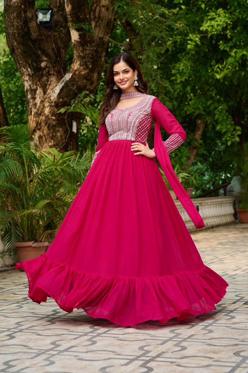 Pink Embroidery Zari Sequins Round Neck Work Gown