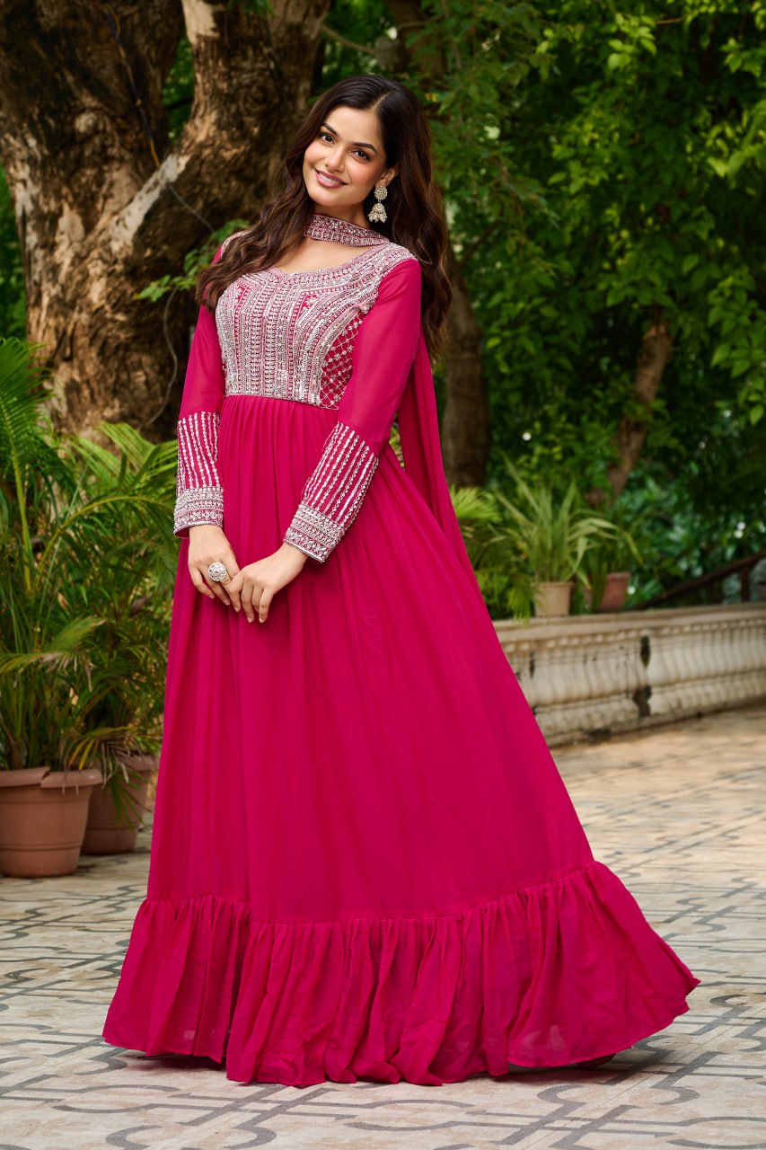 Pink Embroidery Zari Sequins Round Neck Work Gown