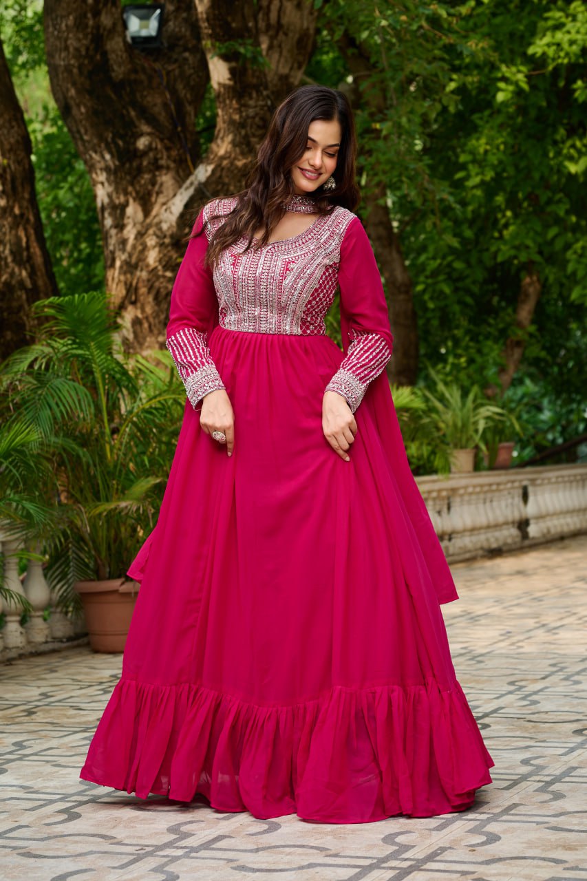 Pink Embroidery Zari Sequins Round Neck Work Gown