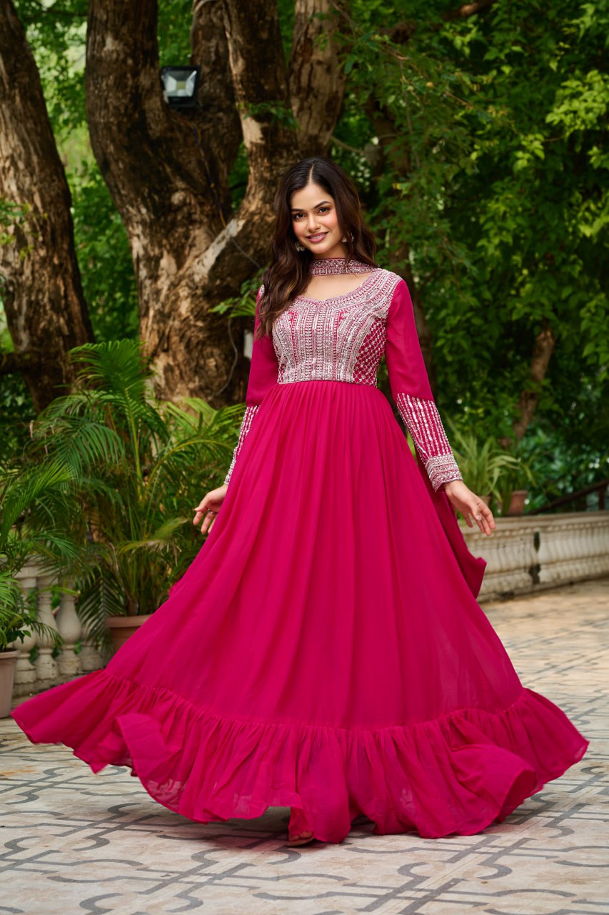 Pink Embroidery Zari Sequins Round Neck Work Gown