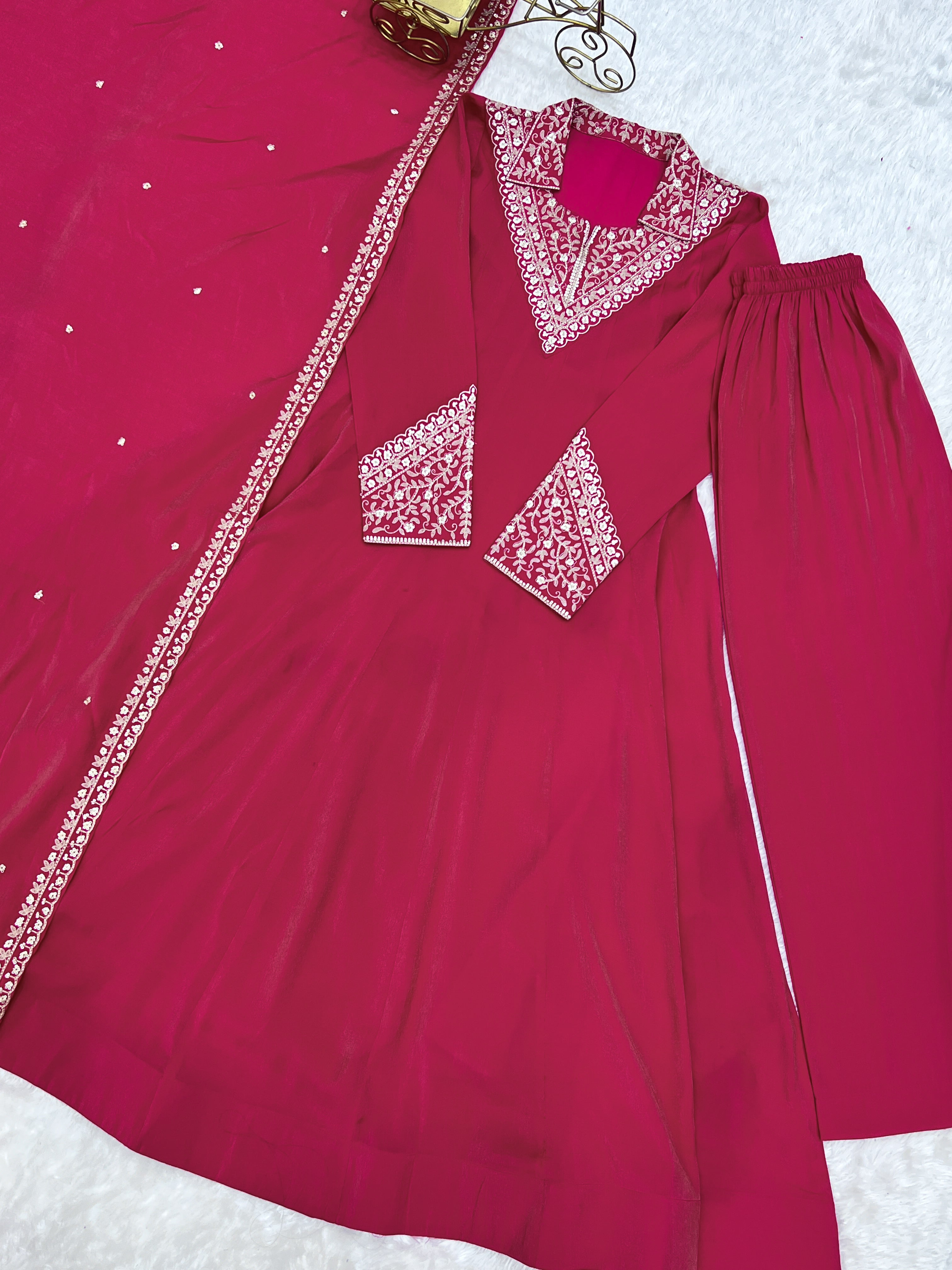 Pink Pure Roman Shimmer Silk Fancy Neck Work Anarkali Salwar Suit