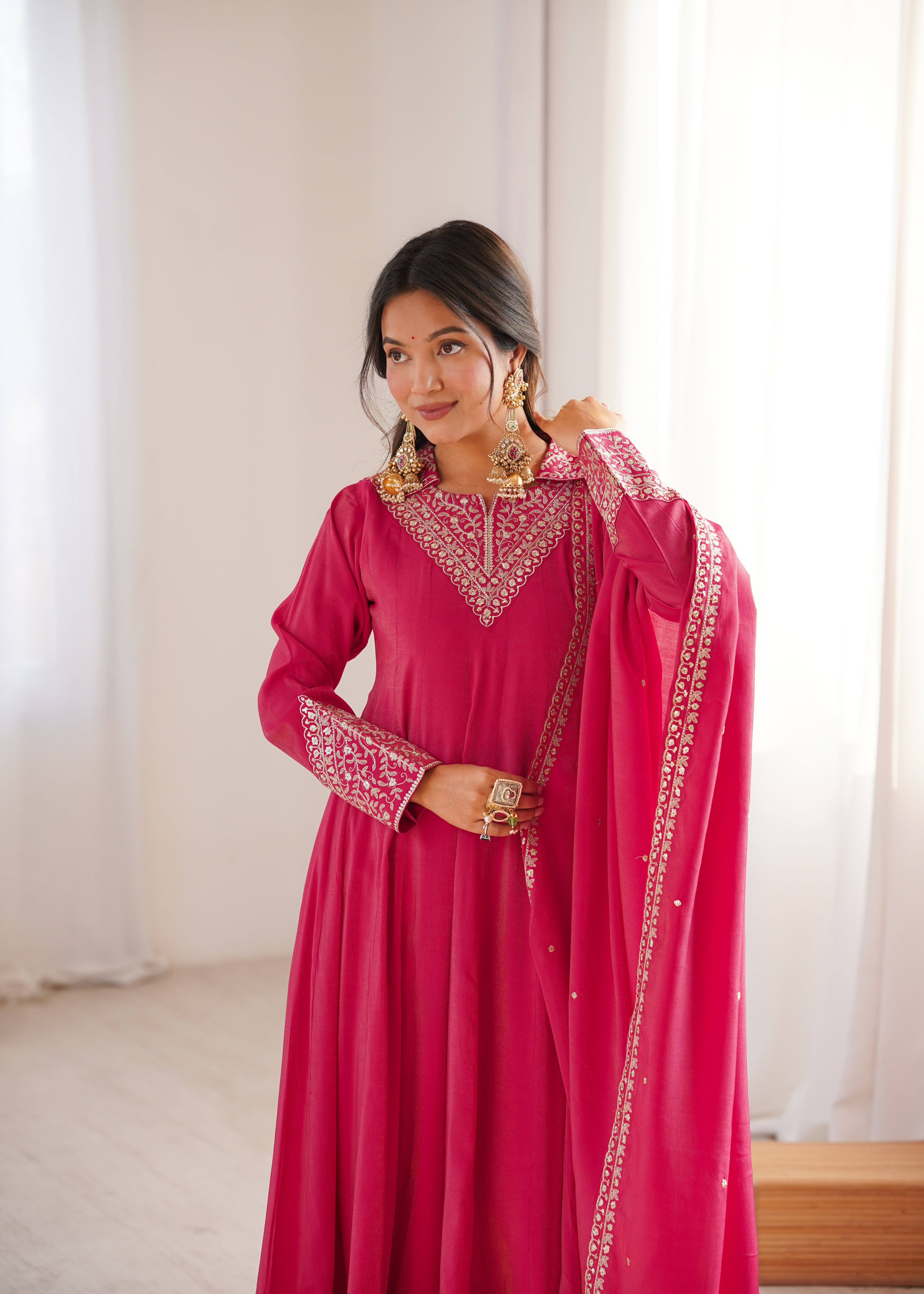 Pink Pure Roman Shimmer Silk Fancy Neck Work Anarkali Salwar Suit