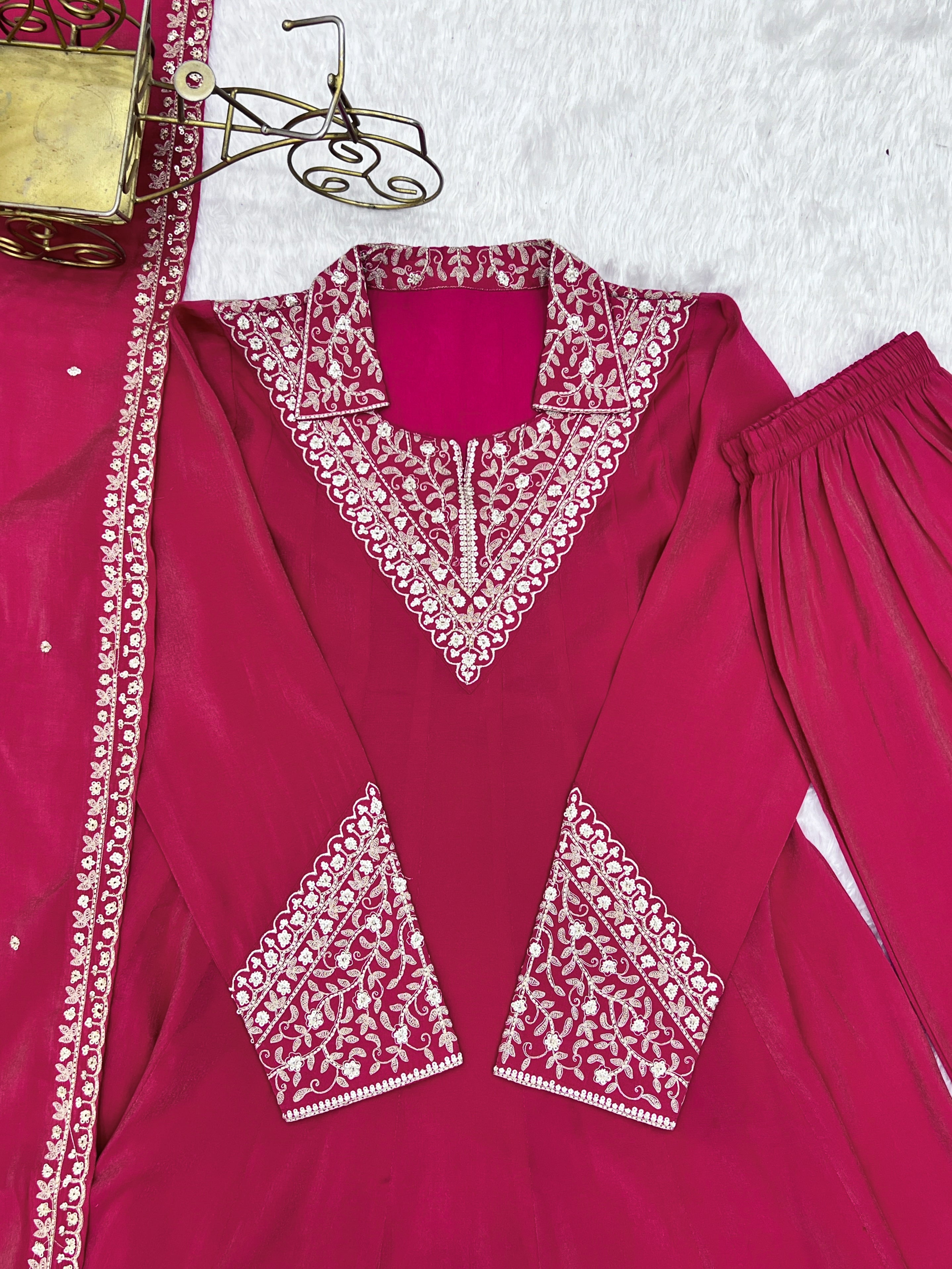 Pink Pure Roman Shimmer Silk Fancy Neck Work Anarkali Salwar Suit