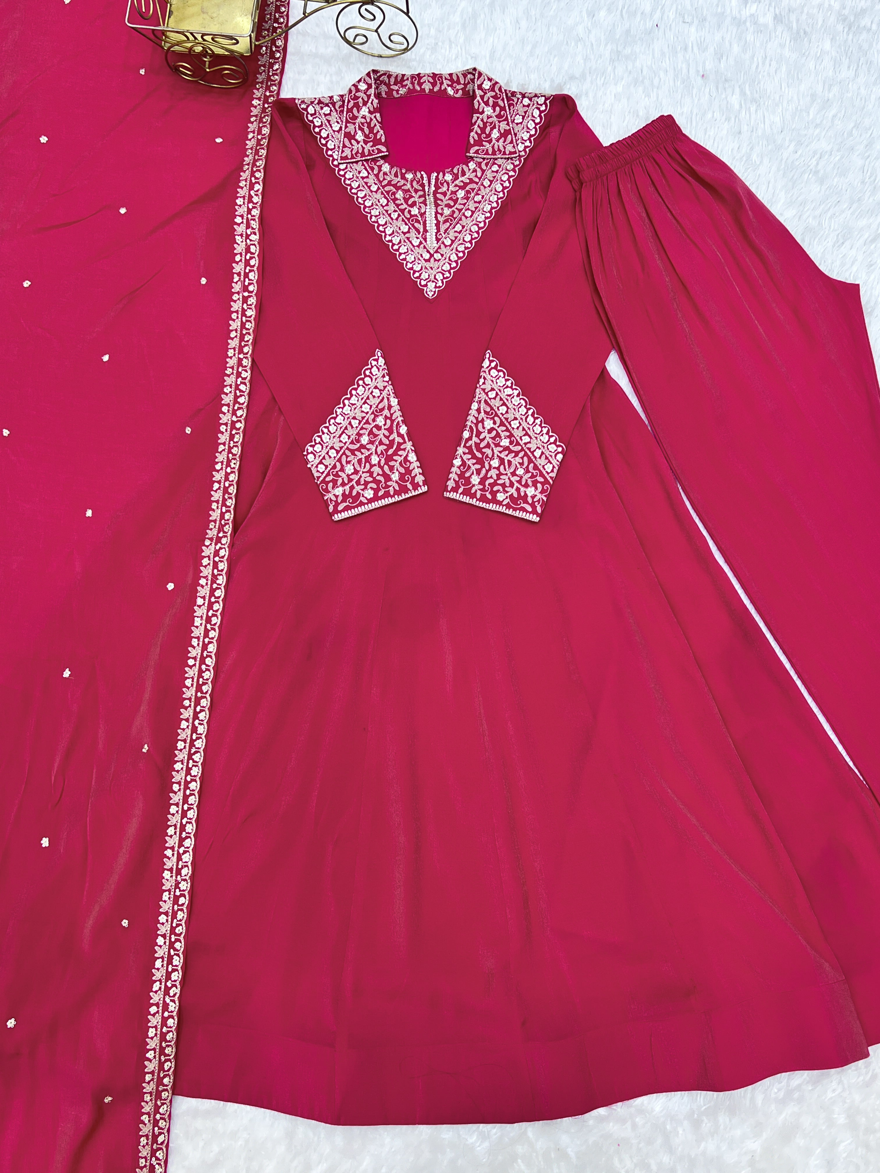 Pink Pure Roman Shimmer Silk Fancy Neck Work Anarkali Salwar Suit