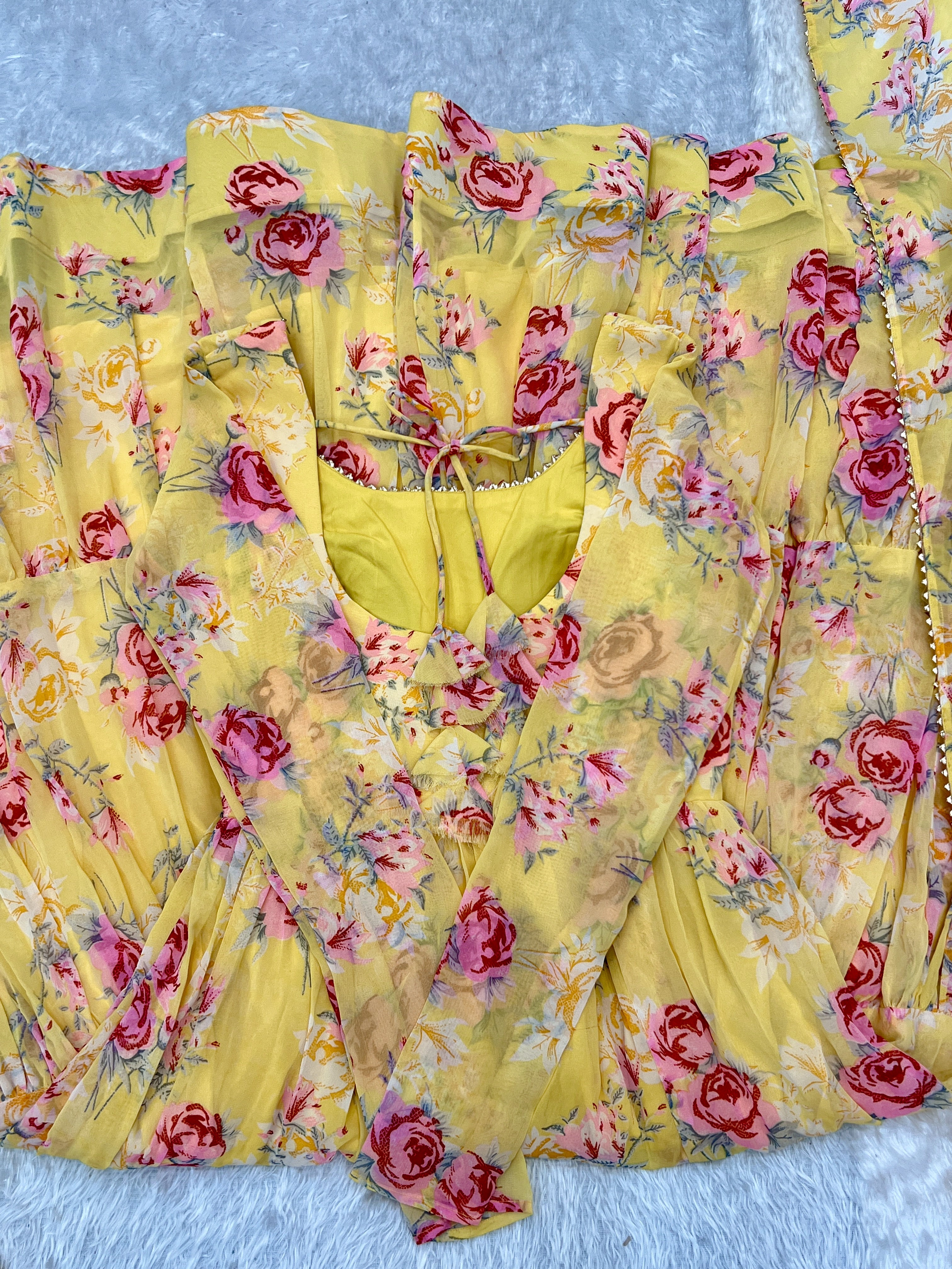 Yellow Heavy Pure Fox Georgette Multi Floral Print Suit