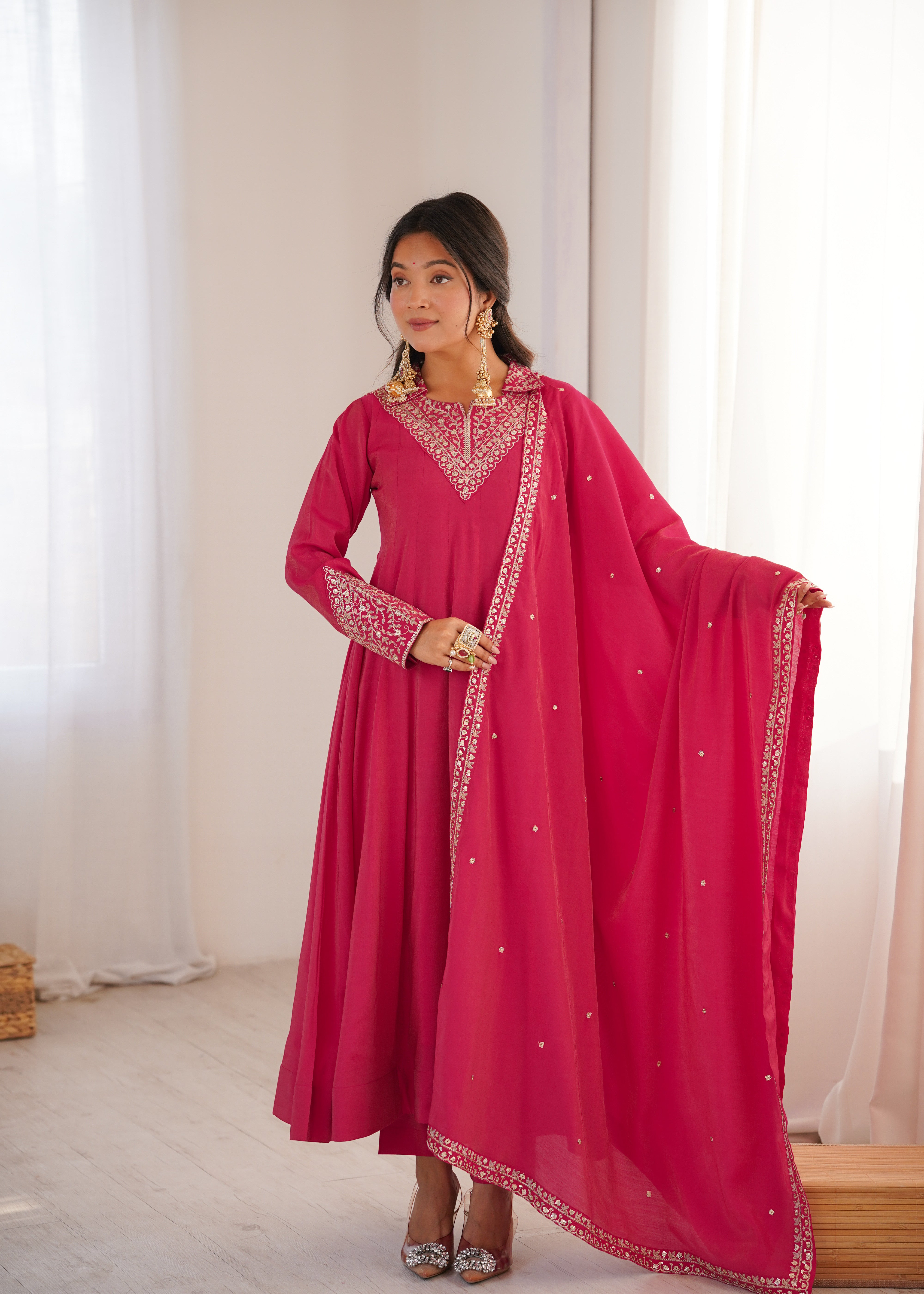 Pink Pure Roman Shimmer Silk Fancy Neck Work Anarkali Salwar Suit