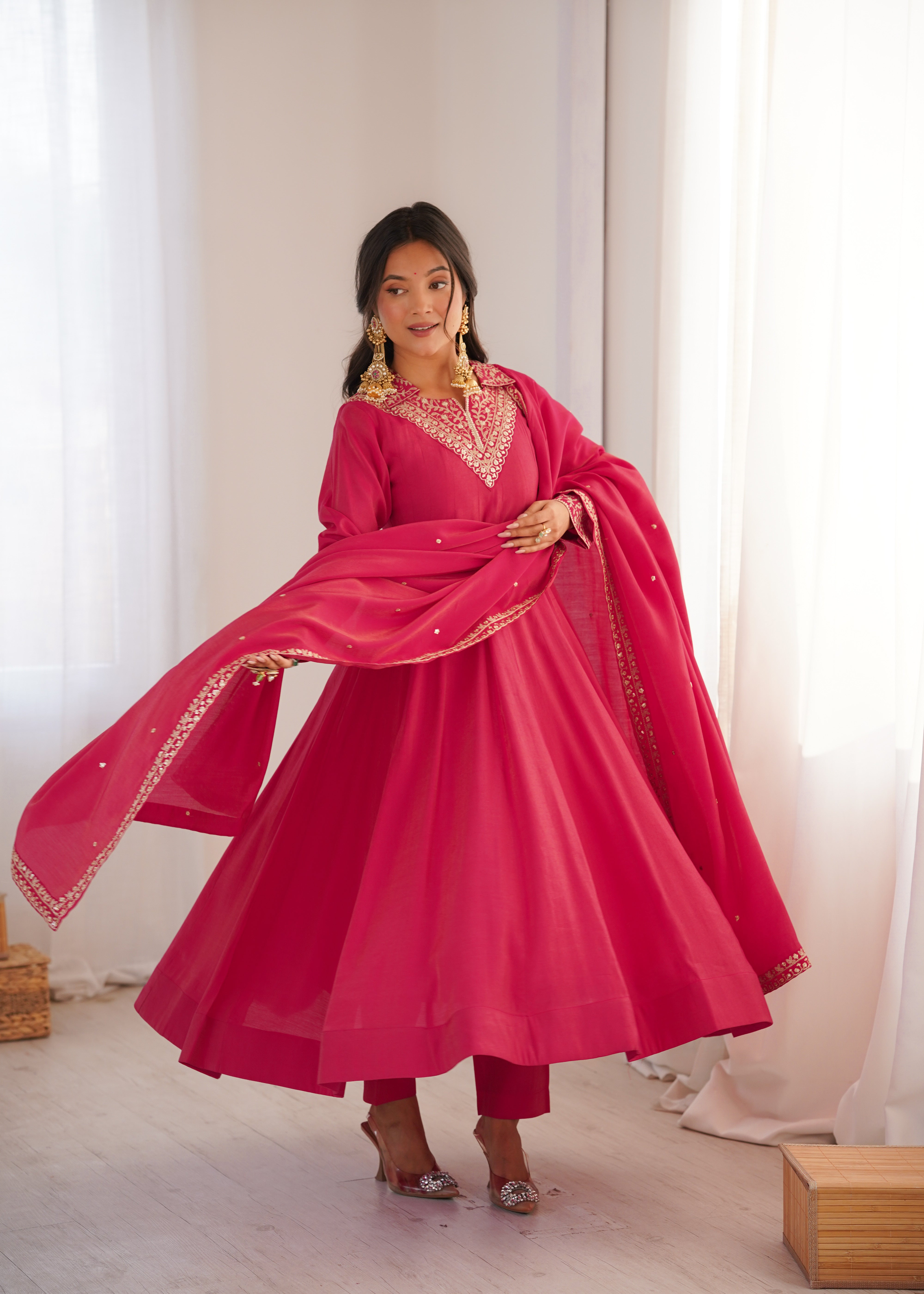Pink Pure Roman Shimmer Silk Fancy Neck Work Anarkali Salwar Suit