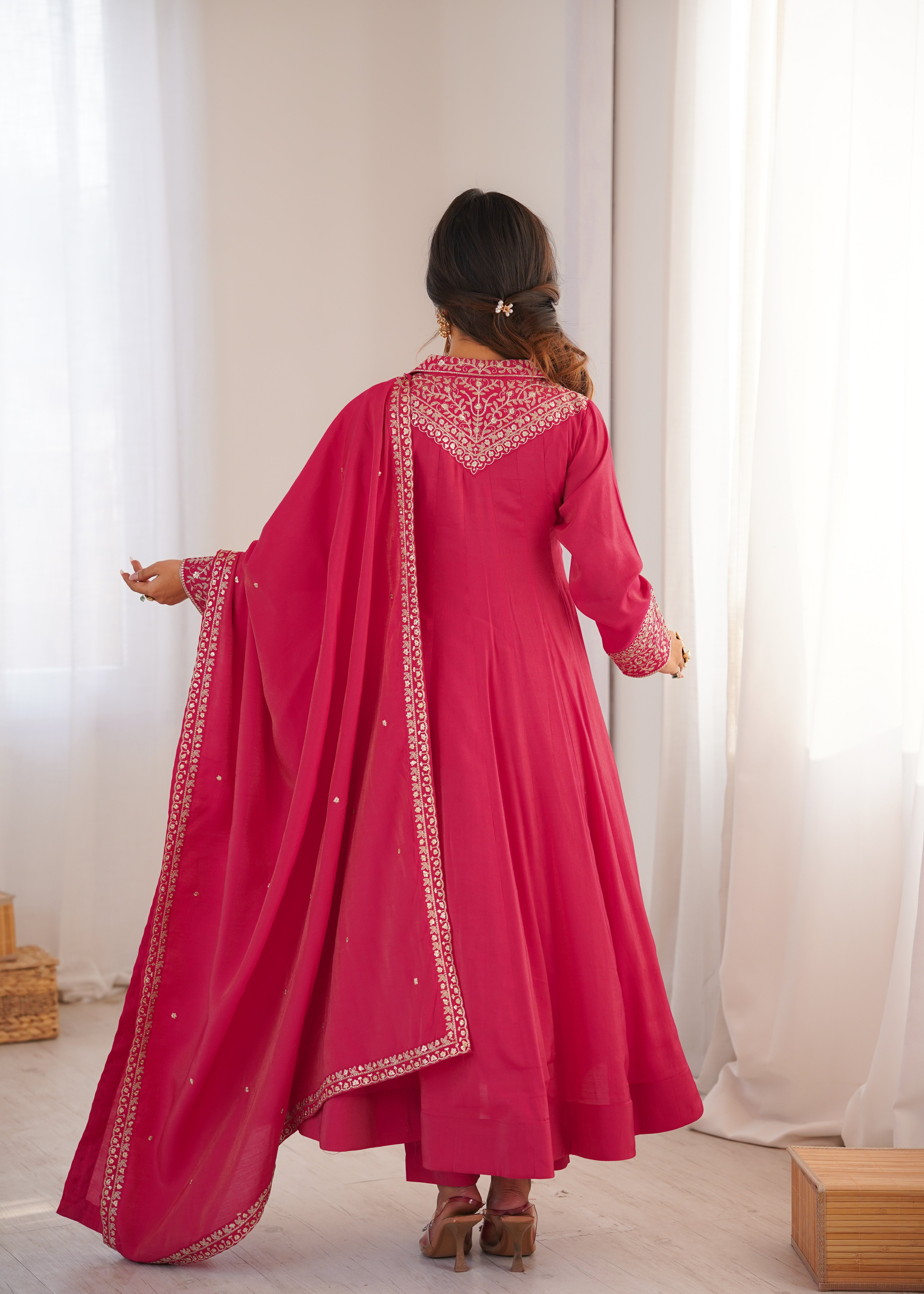 Pink Pure Roman Shimmer Silk Fancy Neck Work Anarkali Salwar Suit