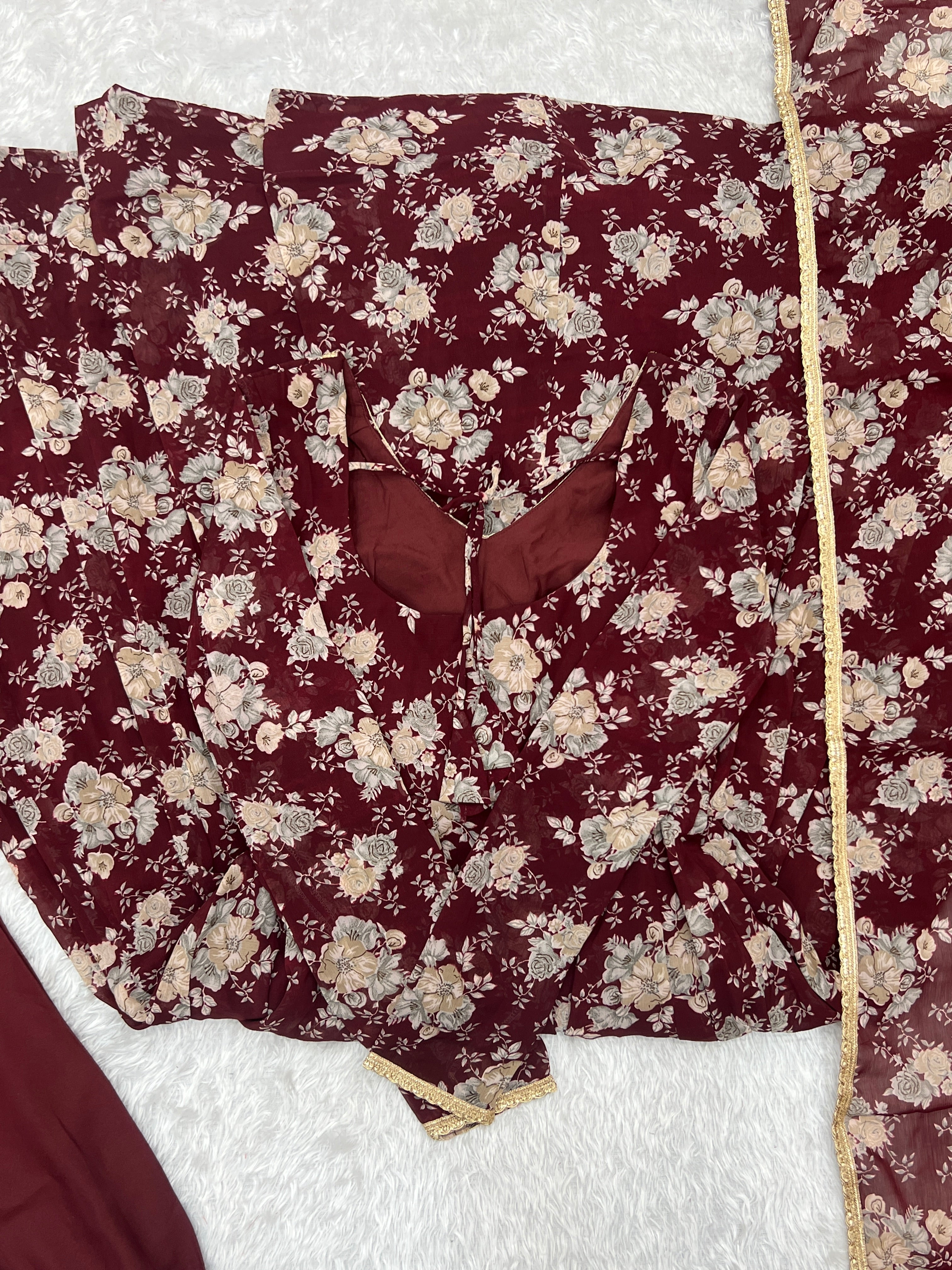 Dark Maroon Heavy Pure Fox Georgette Multi Floral Print Suit
