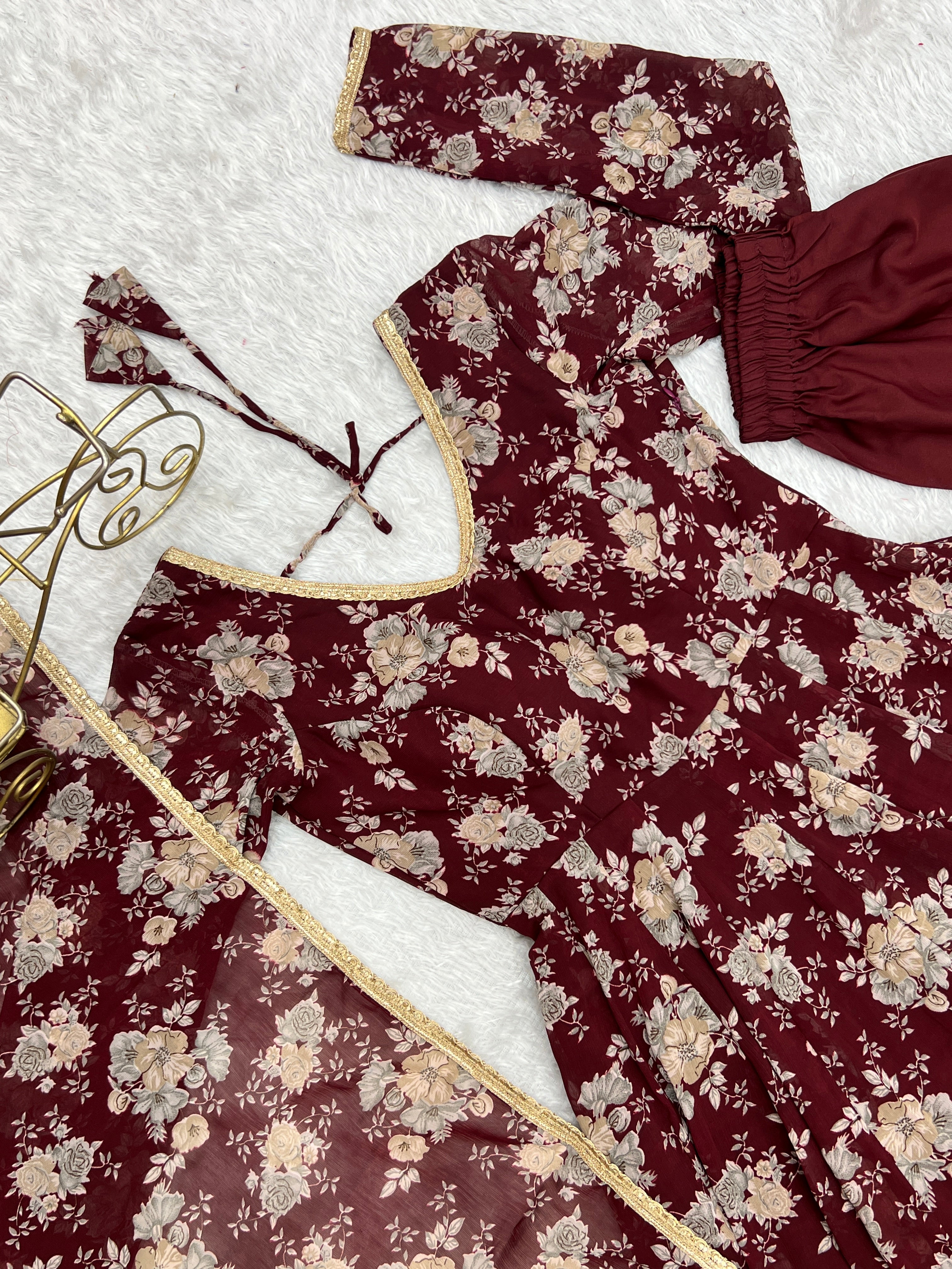 Dark Maroon Heavy Pure Fox Georgette Multi Floral Print Suit
