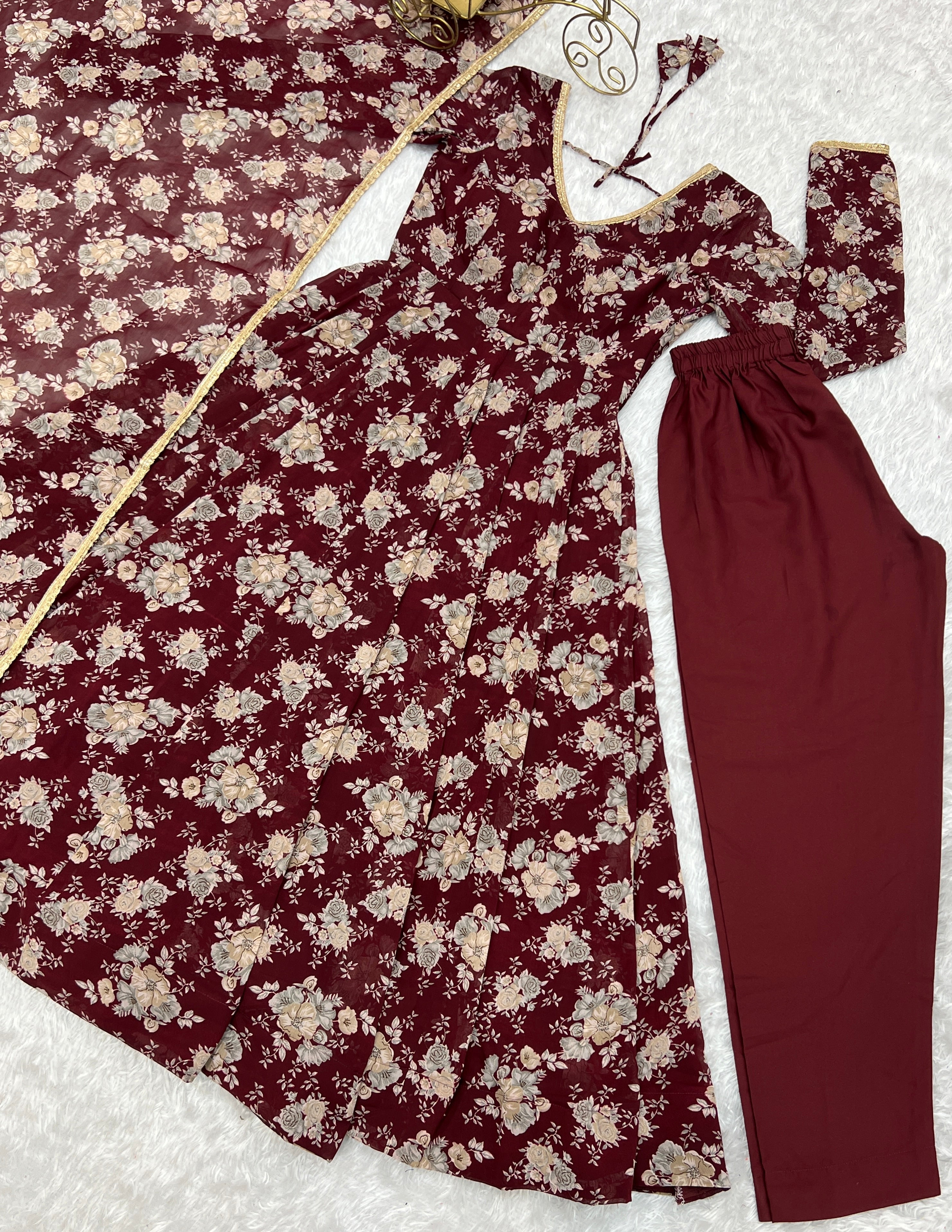 Dark Maroon Heavy Pure Fox Georgette Multi Floral Print Suit