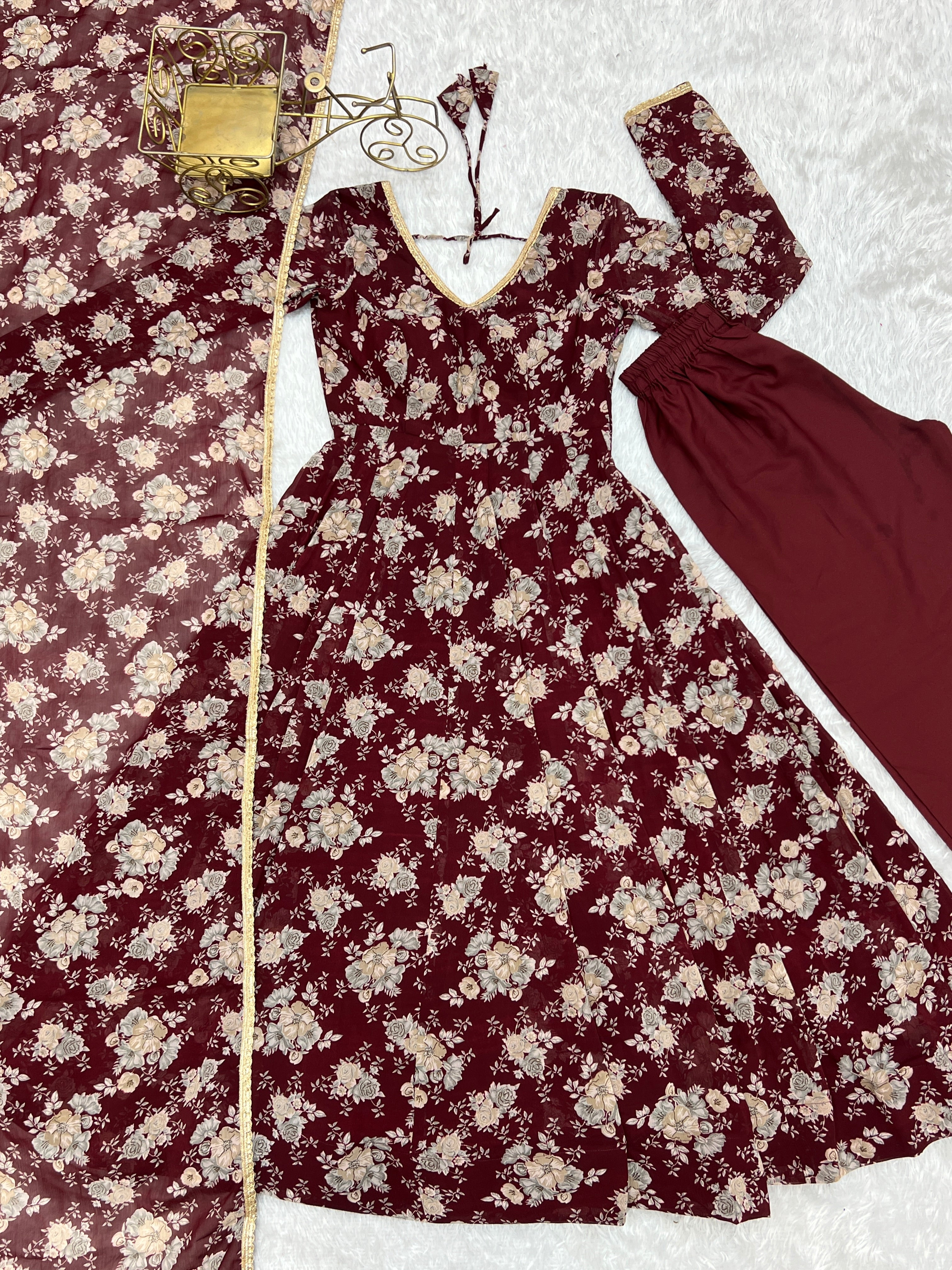 Dark Maroon Heavy Pure Fox Georgette Multi Floral Print Suit