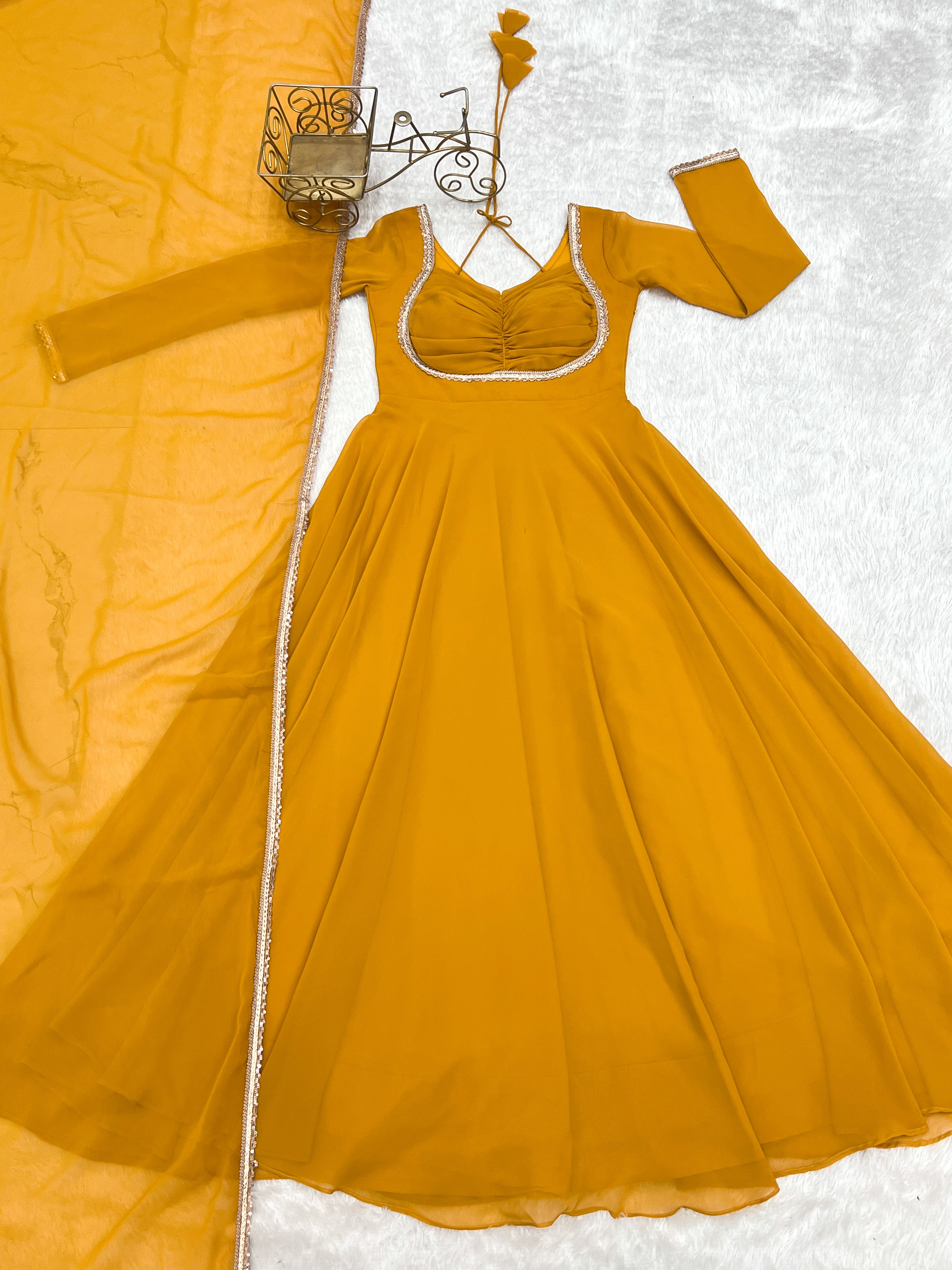 Yellow Pure Fox Georgette Anarkali Duppta Full Set Ready To Wear Gown
