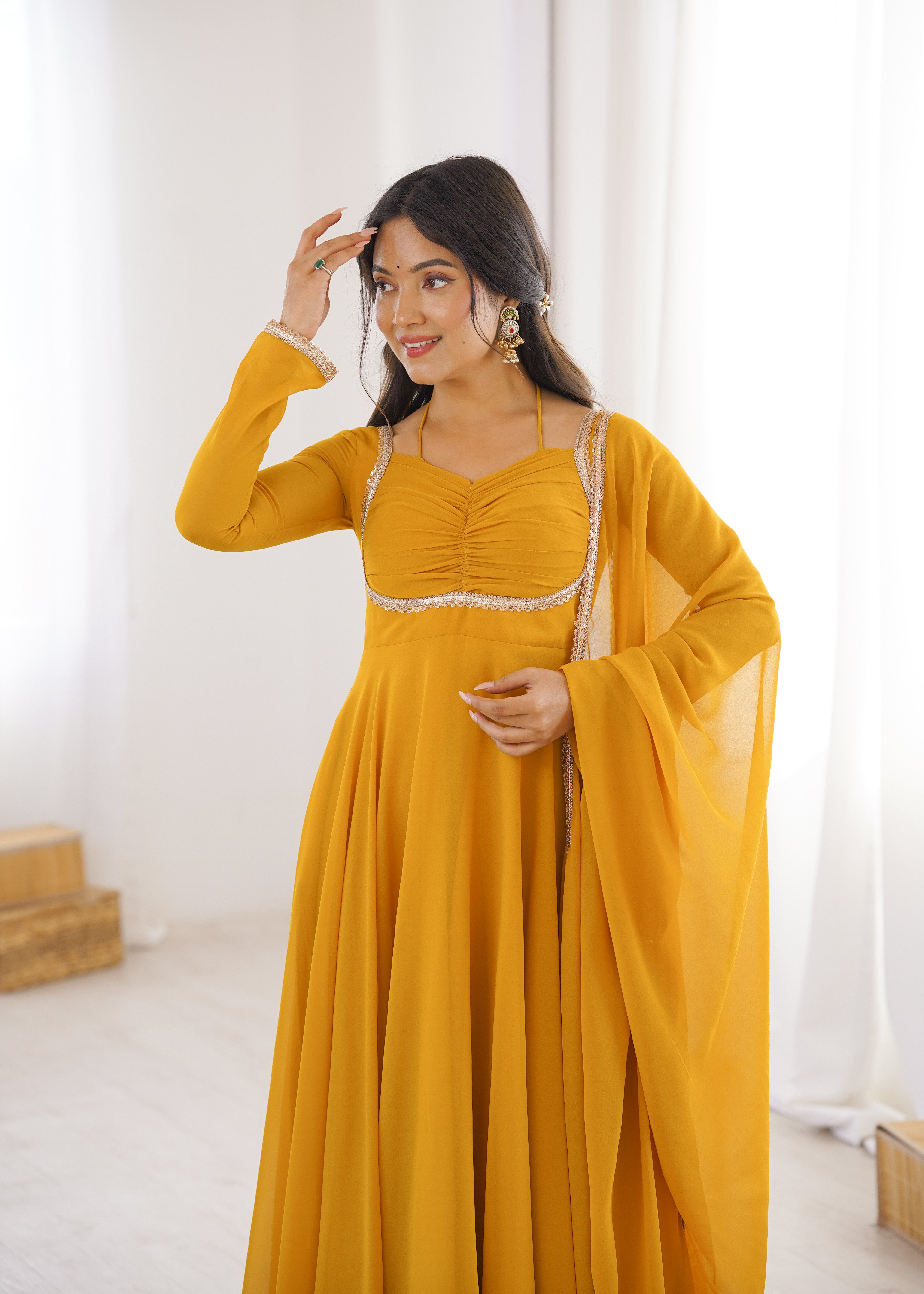 Yellow Pure Fox Georgette Anarkali Duppta Full Set Ready To Wear Gown