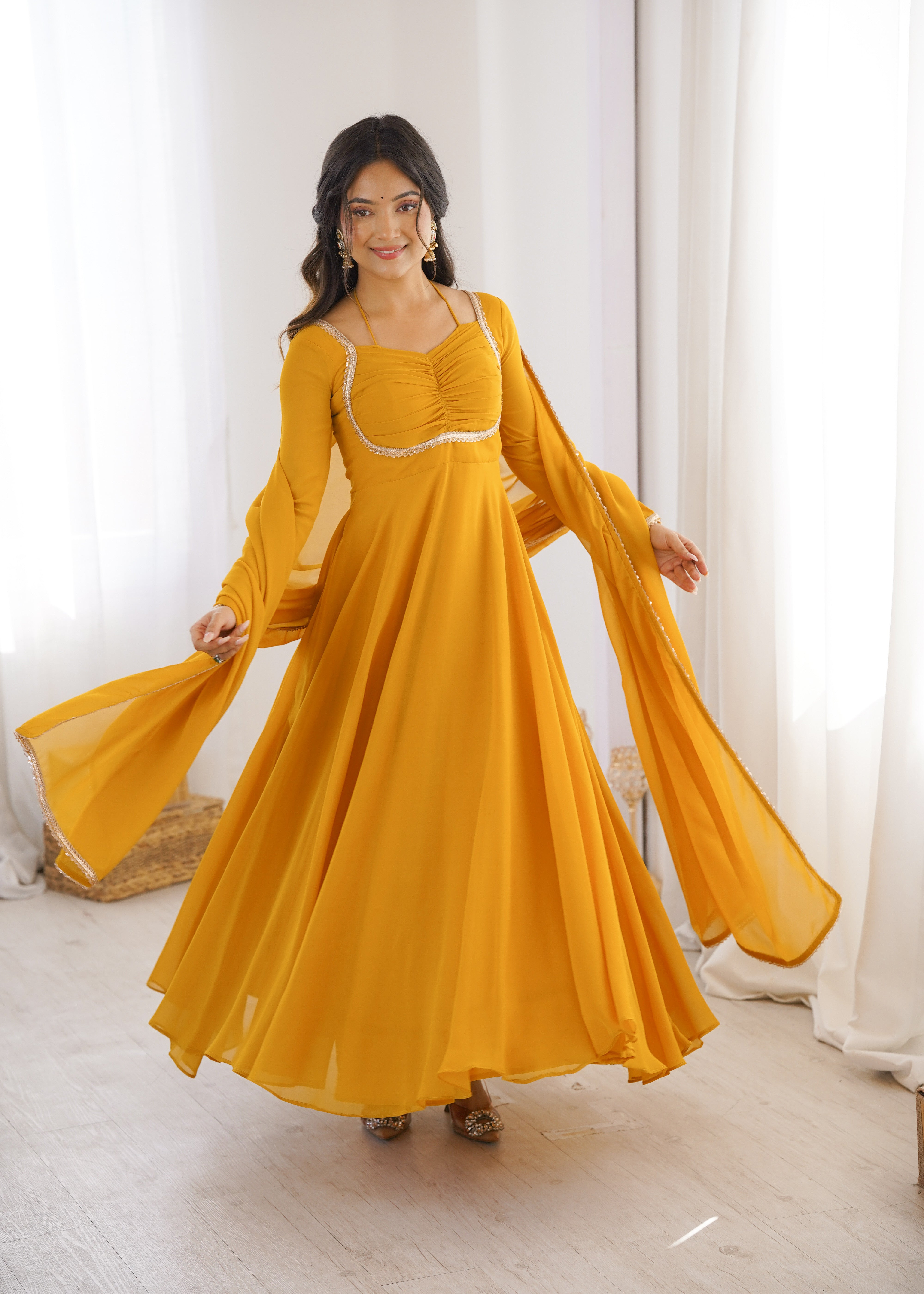 Yellow Pure Fox Georgette Anarkali Duppta Full Set Ready To Wear Gown