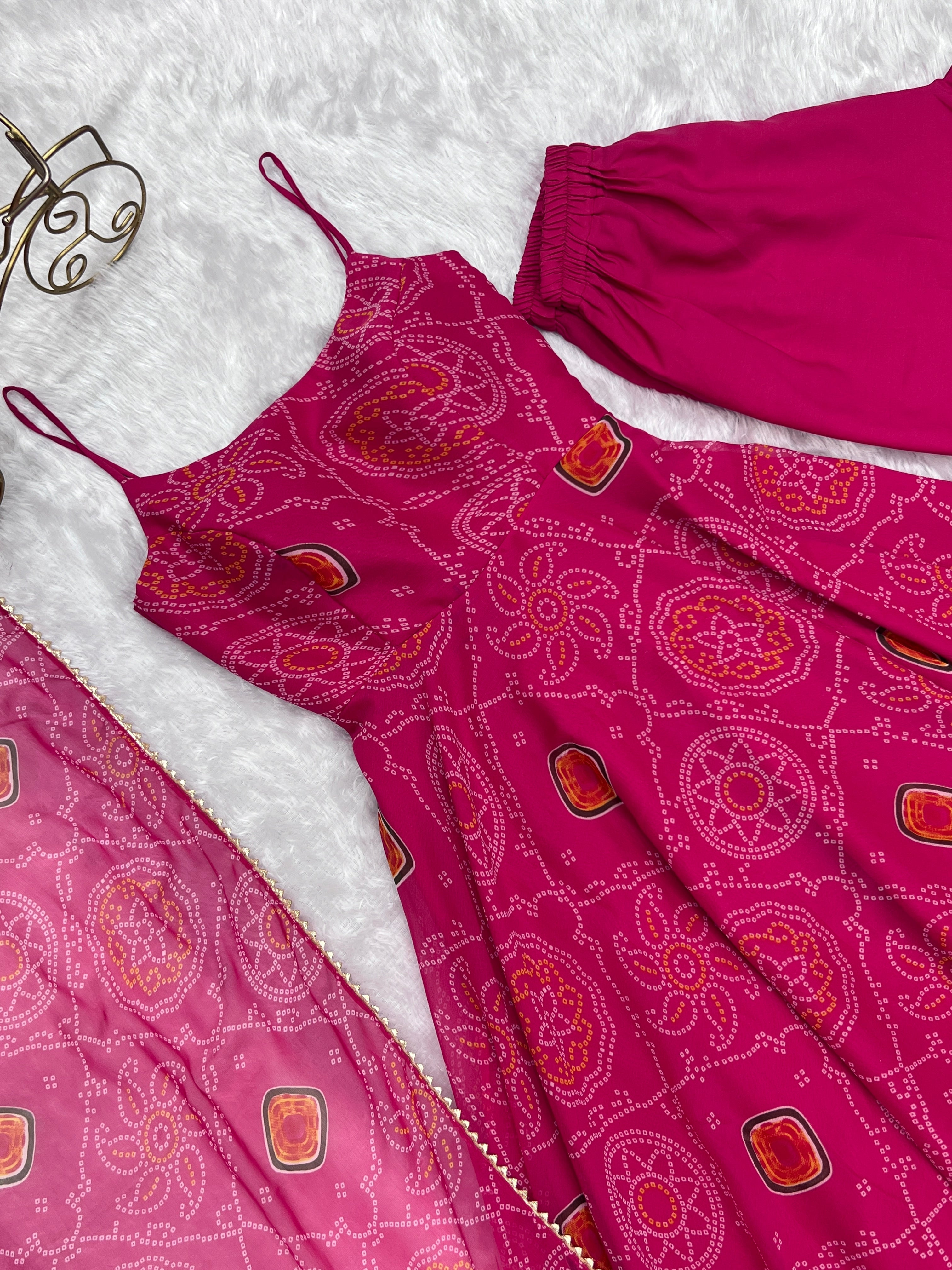 Pink Pure Soft Lightweight Chiffon Bandhej Triangle Lace Work Salwar Suit