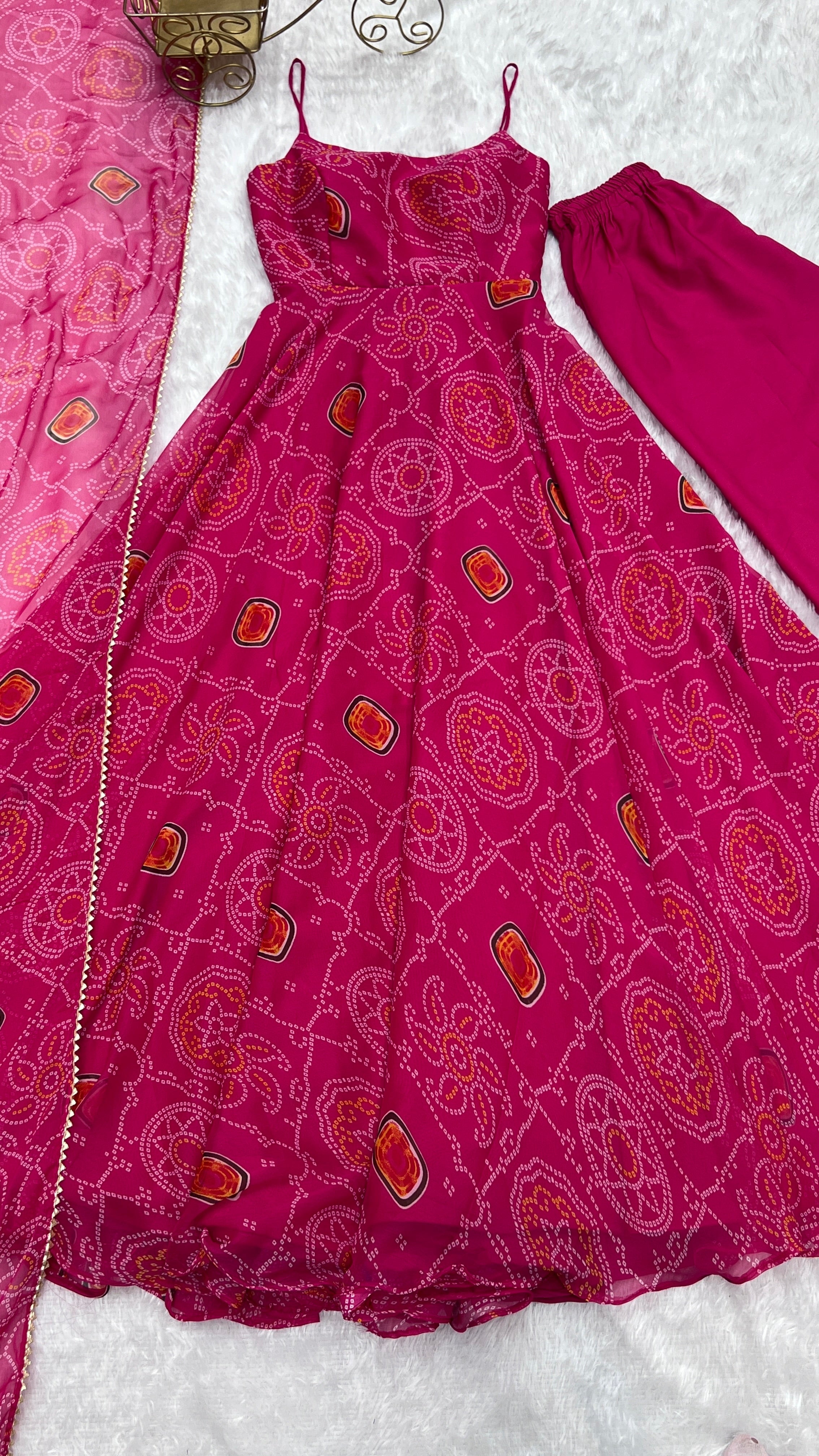 Pink Pure Soft Lightweight Chiffon Bandhej Triangle Lace Work Salwar Suit