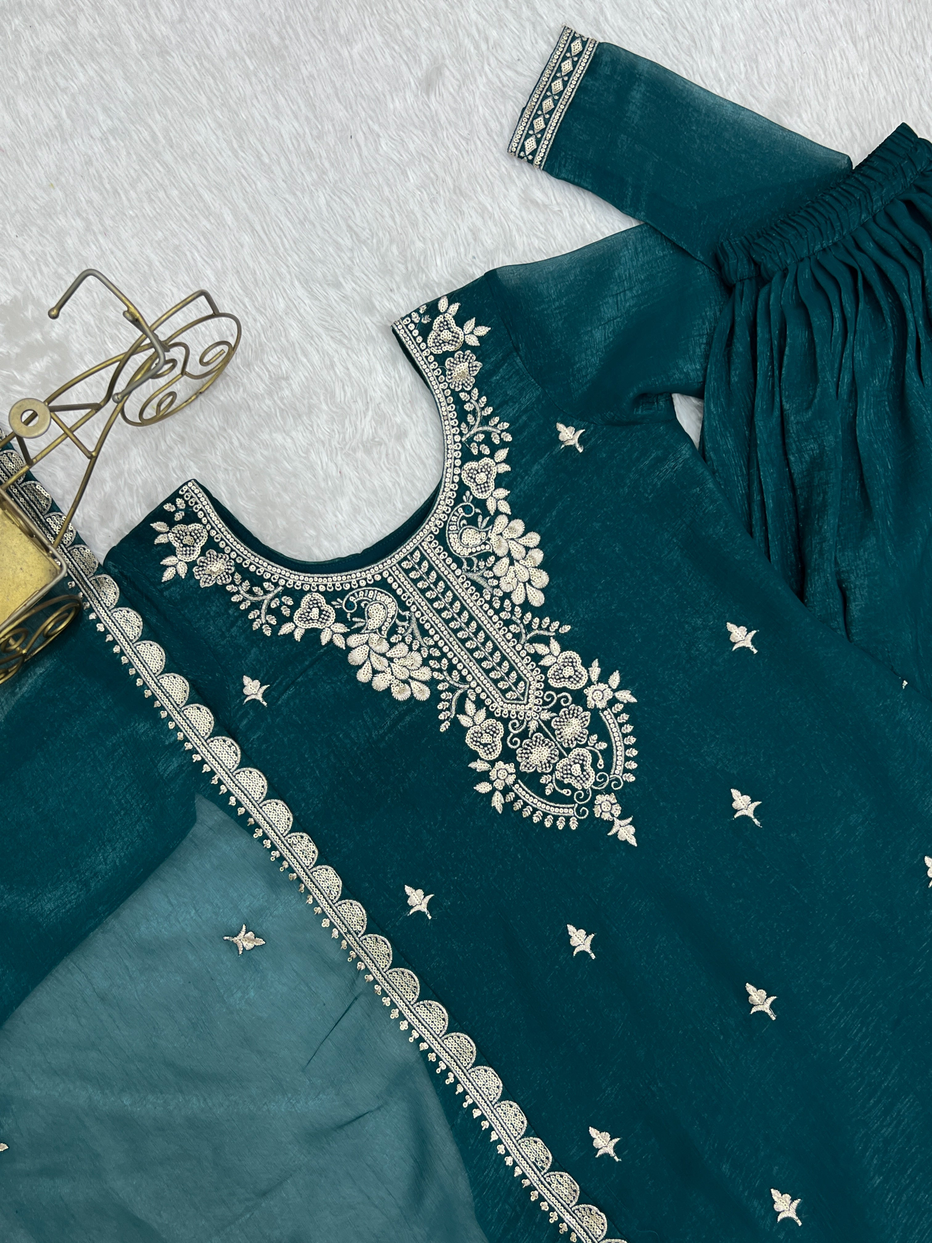Teal Blue Pure Soft Crunchy Silk  Fancy Embroidery Sequence Work Sharara