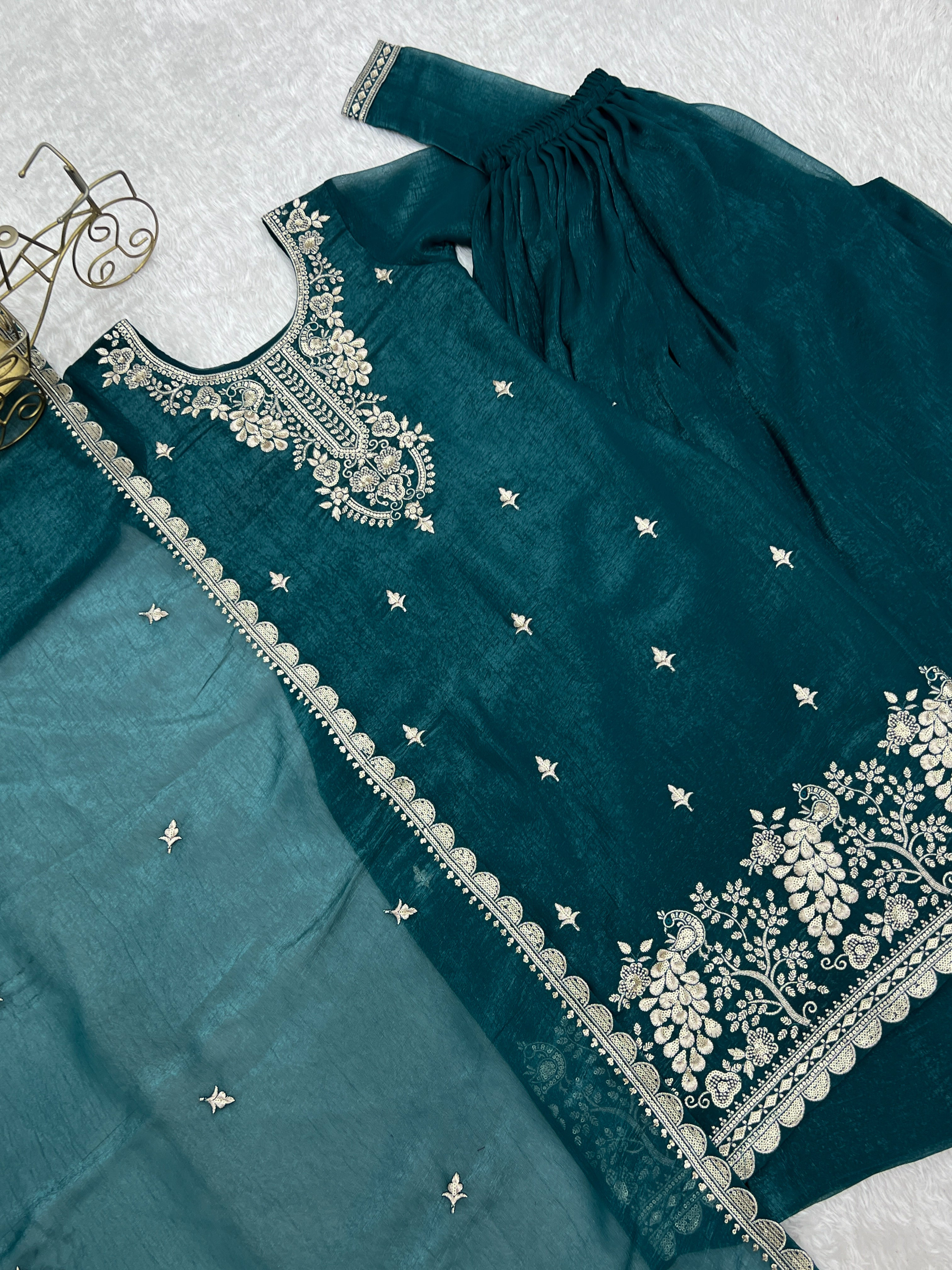Teal Blue Pure Soft Crunchy Silk  Fancy Embroidery Sequence Work Sharara