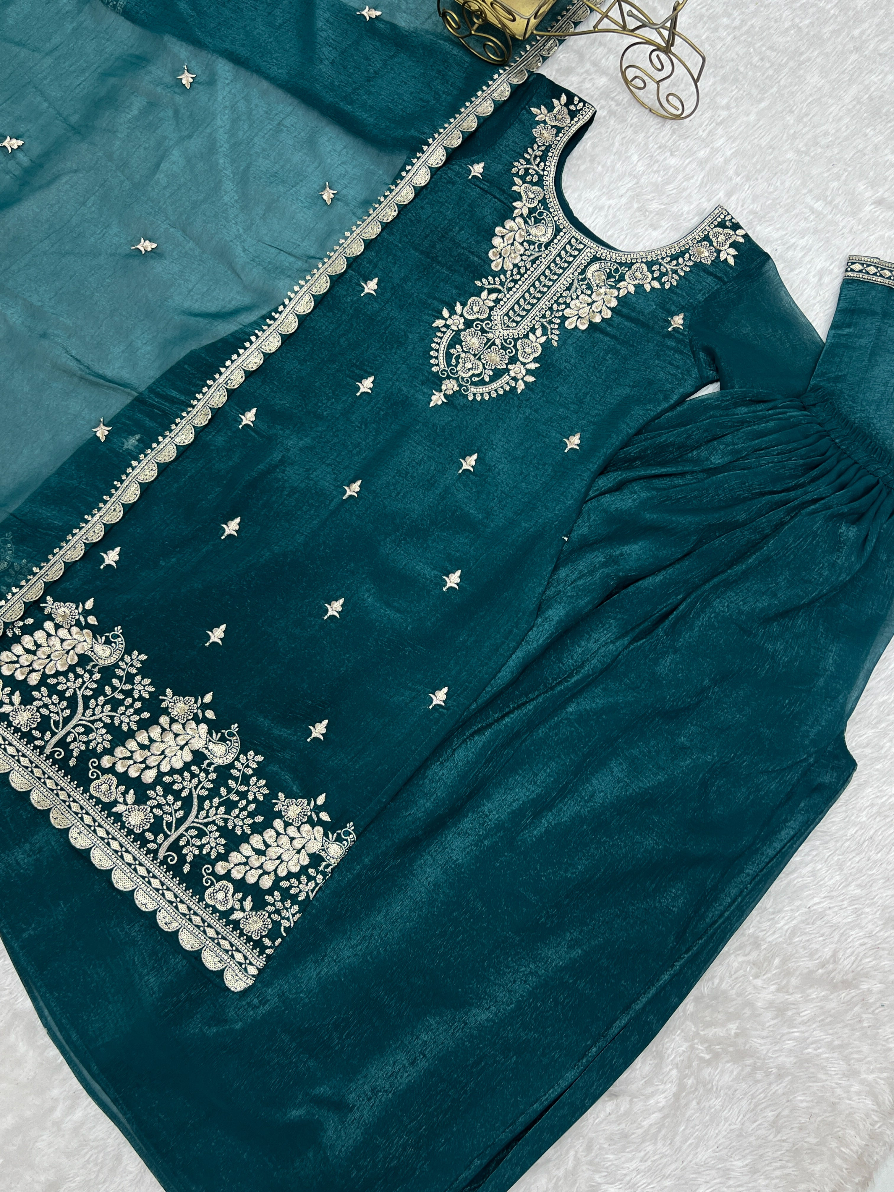 Teal Blue Pure Soft Crunchy Silk  Fancy Embroidery Sequence Work Sharara