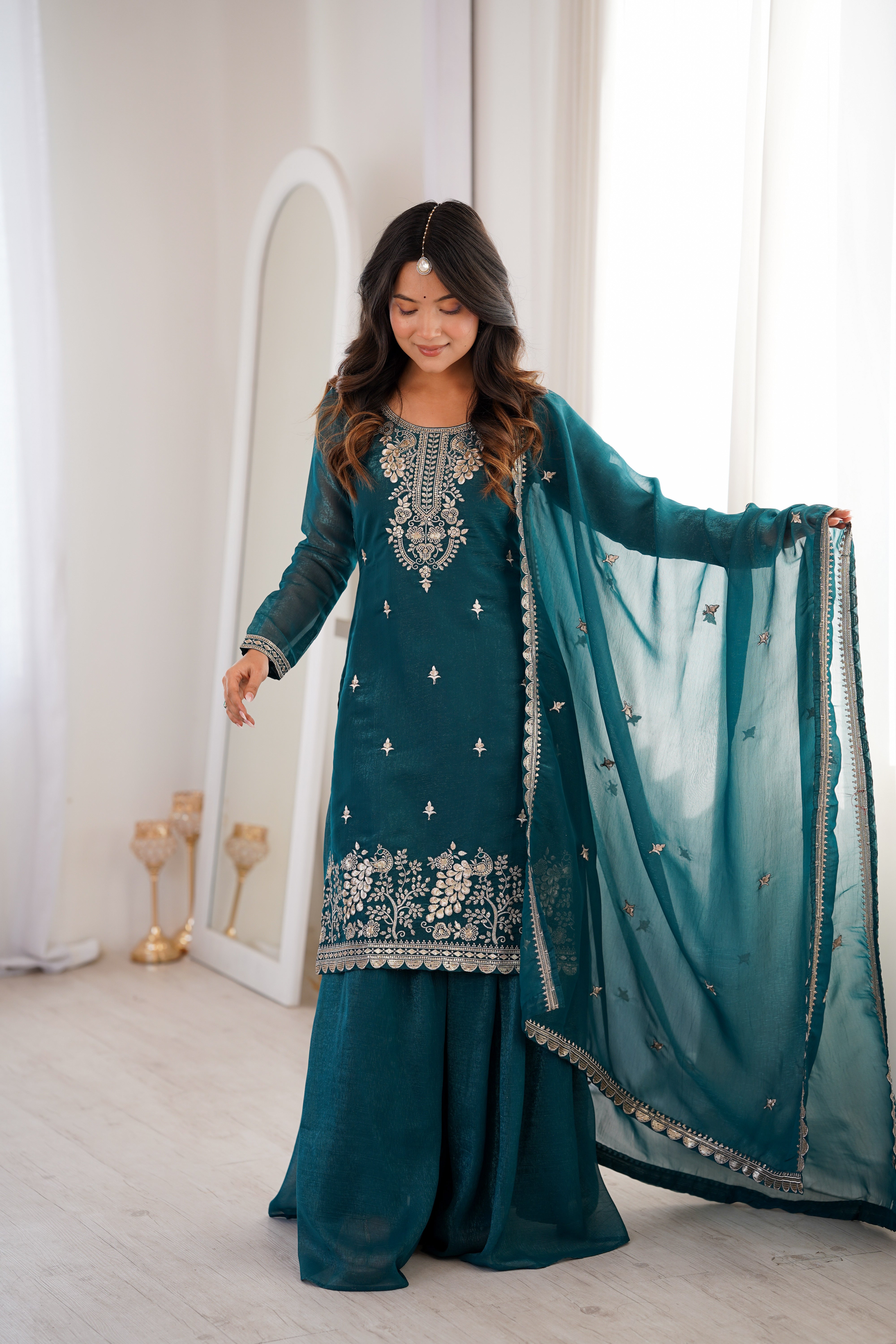 Teal Blue Pure Soft Crunchy Silk  Fancy Embroidery Sequence Work Sharara
