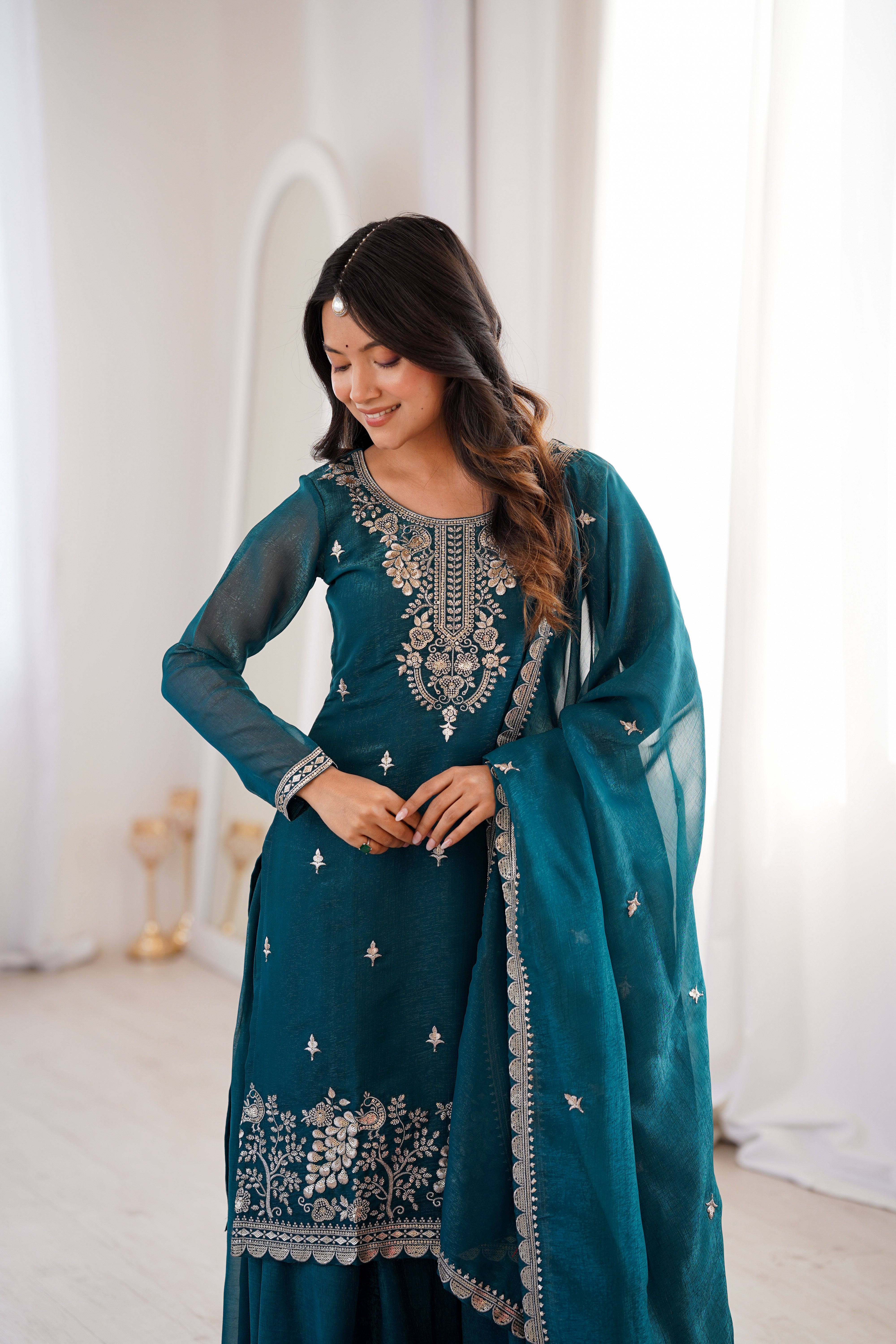 Teal Blue Pure Soft Crunchy Silk  Fancy Embroidery Sequence Work Sharara