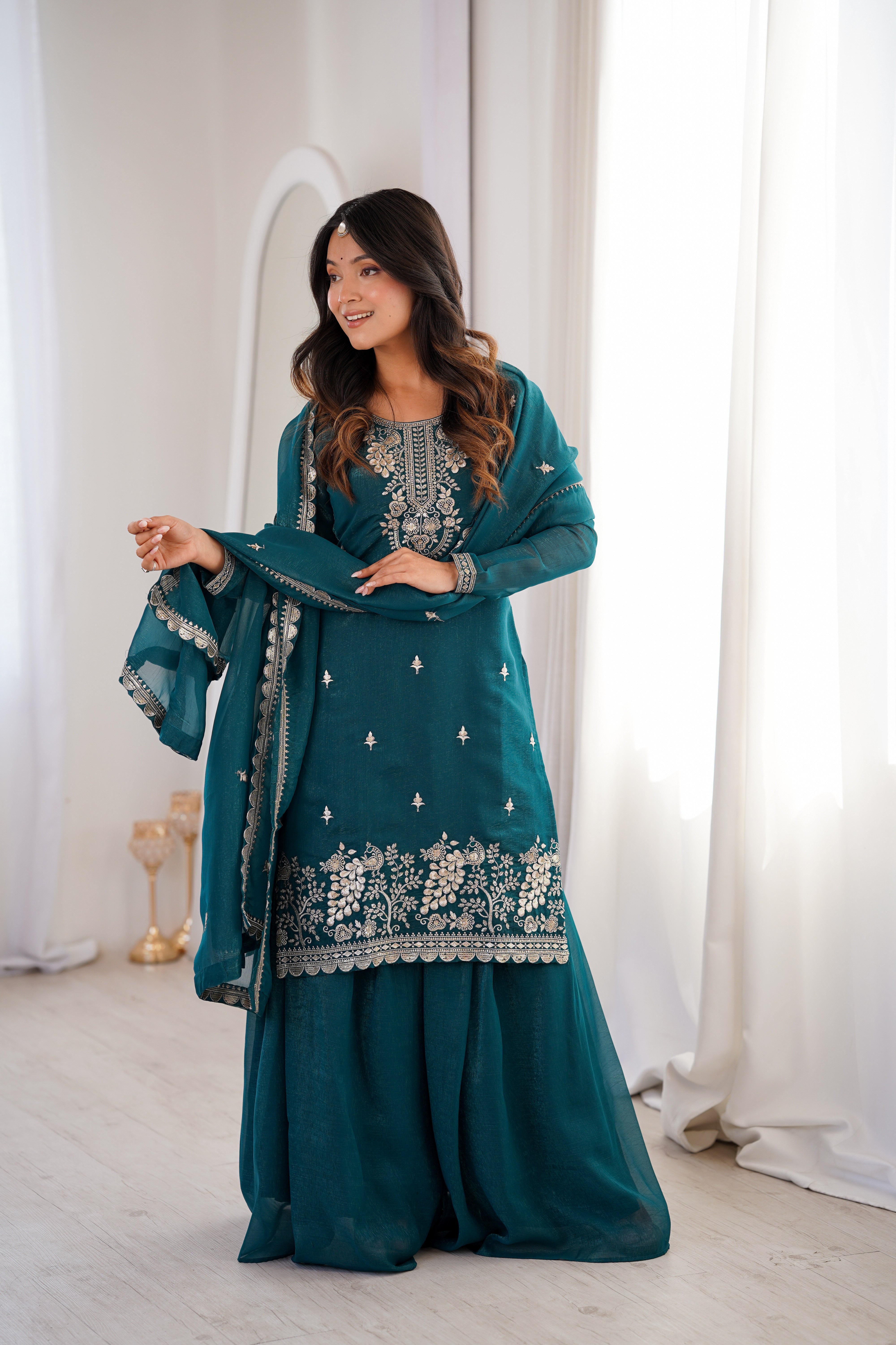Teal Blue Pure Soft Crunchy Silk  Fancy Embroidery Sequence Work Sharara