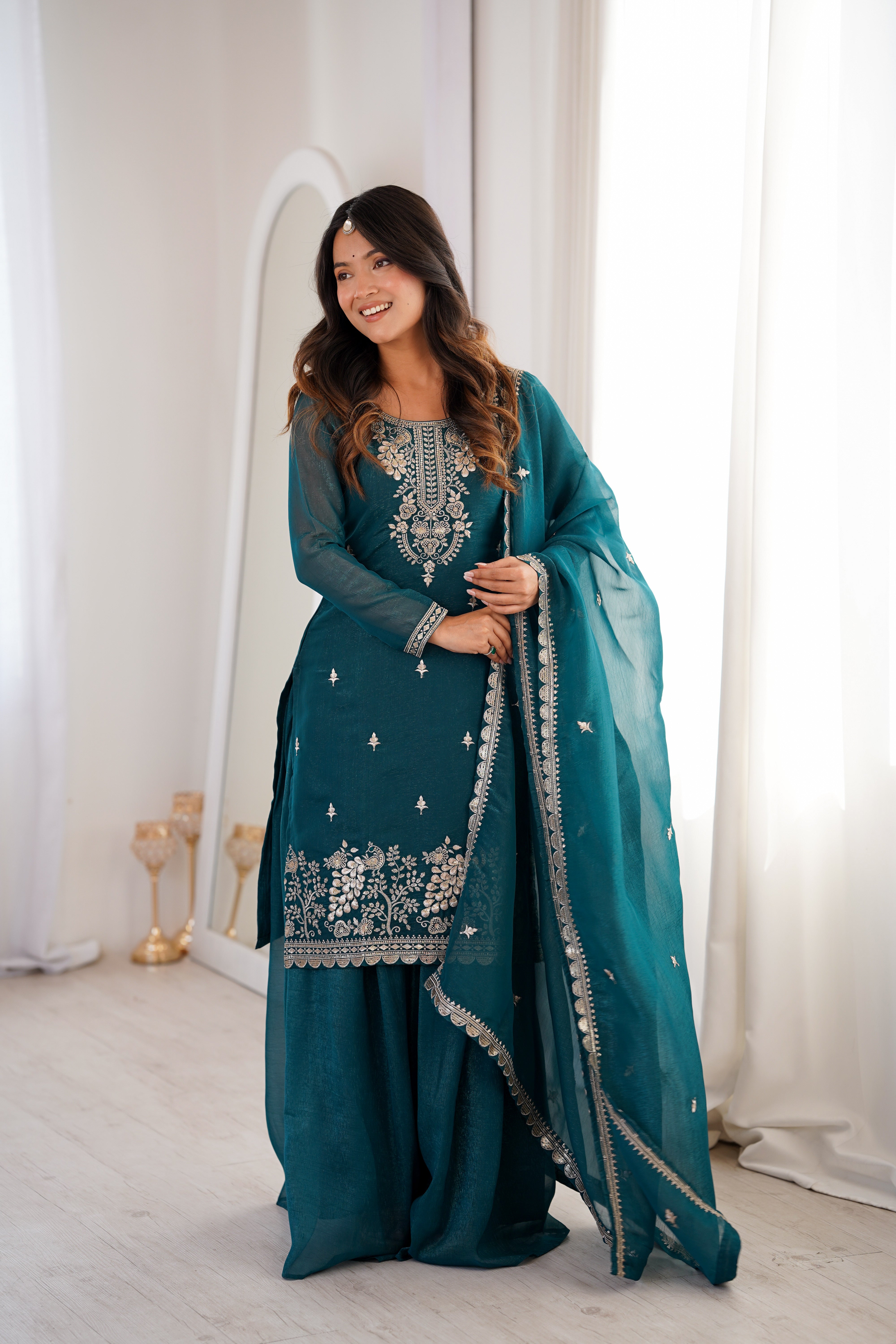 Teal Blue Pure Soft Crunchy Silk  Fancy Embroidery Sequence Work Sharara