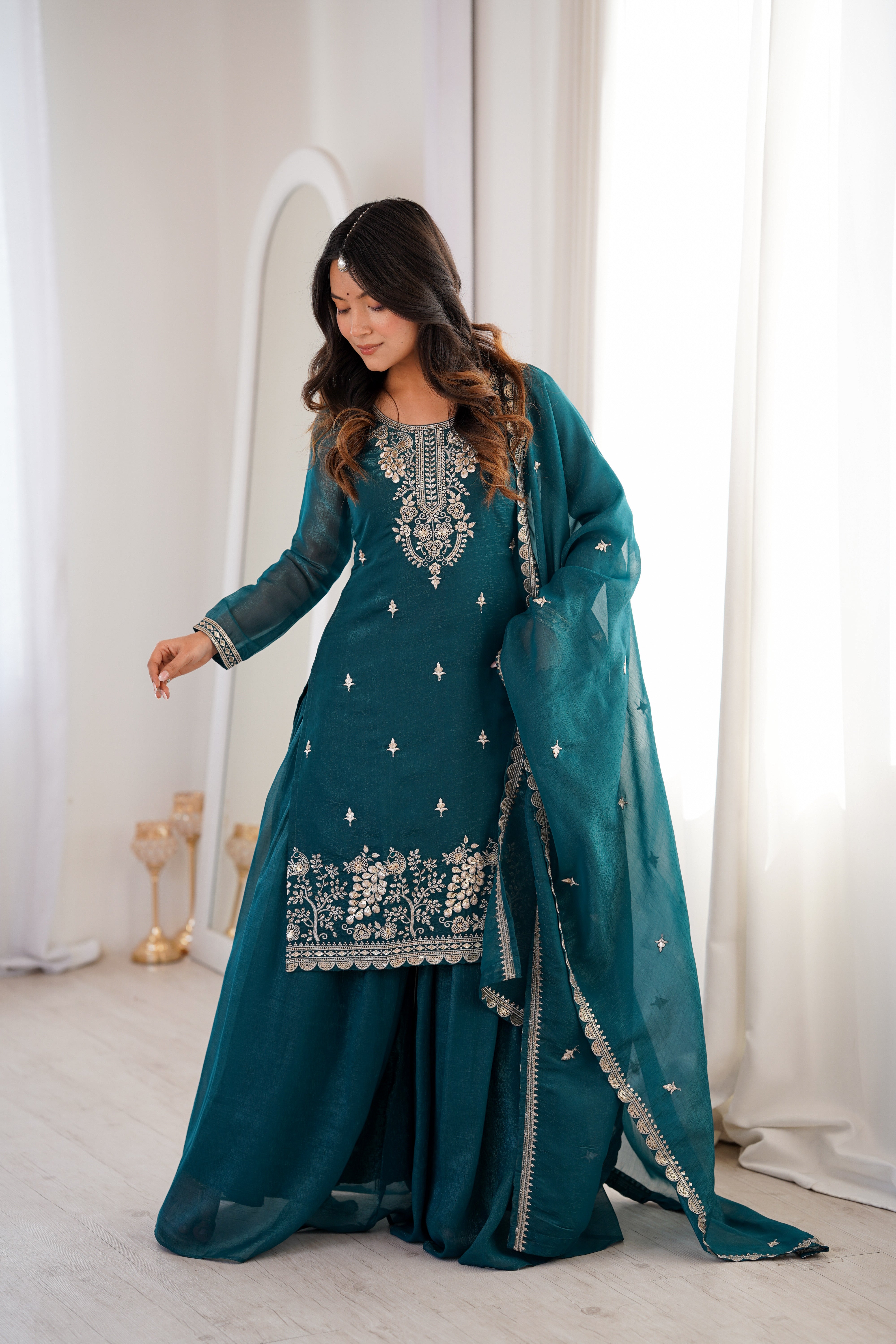 Teal Blue Pure Soft Crunchy Silk  Fancy Embroidery Sequence Work Sharara