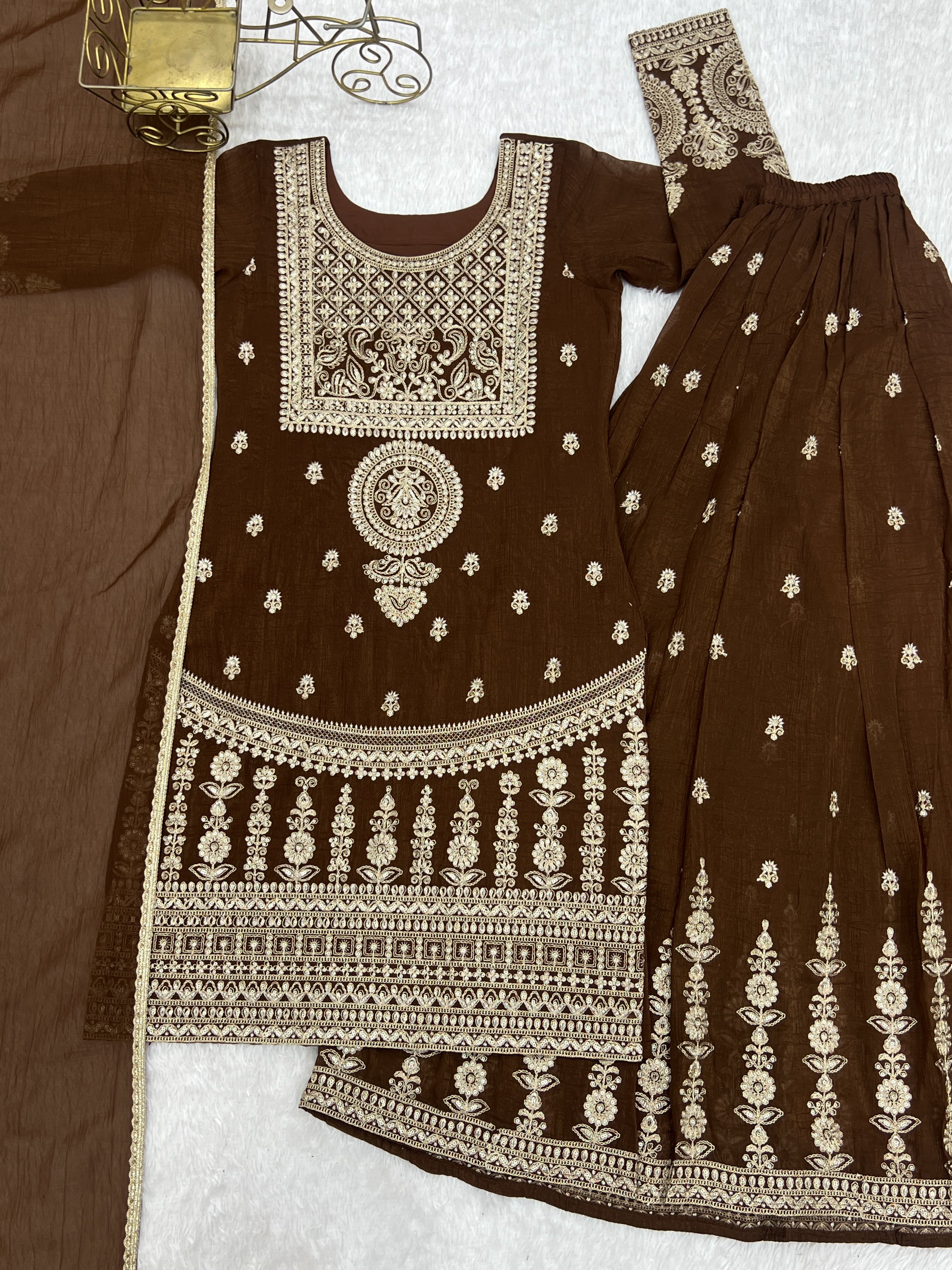 Dark Mehendi Pure Soft Crunchy Silk  Fancy Embroidery Jari Work Sharara